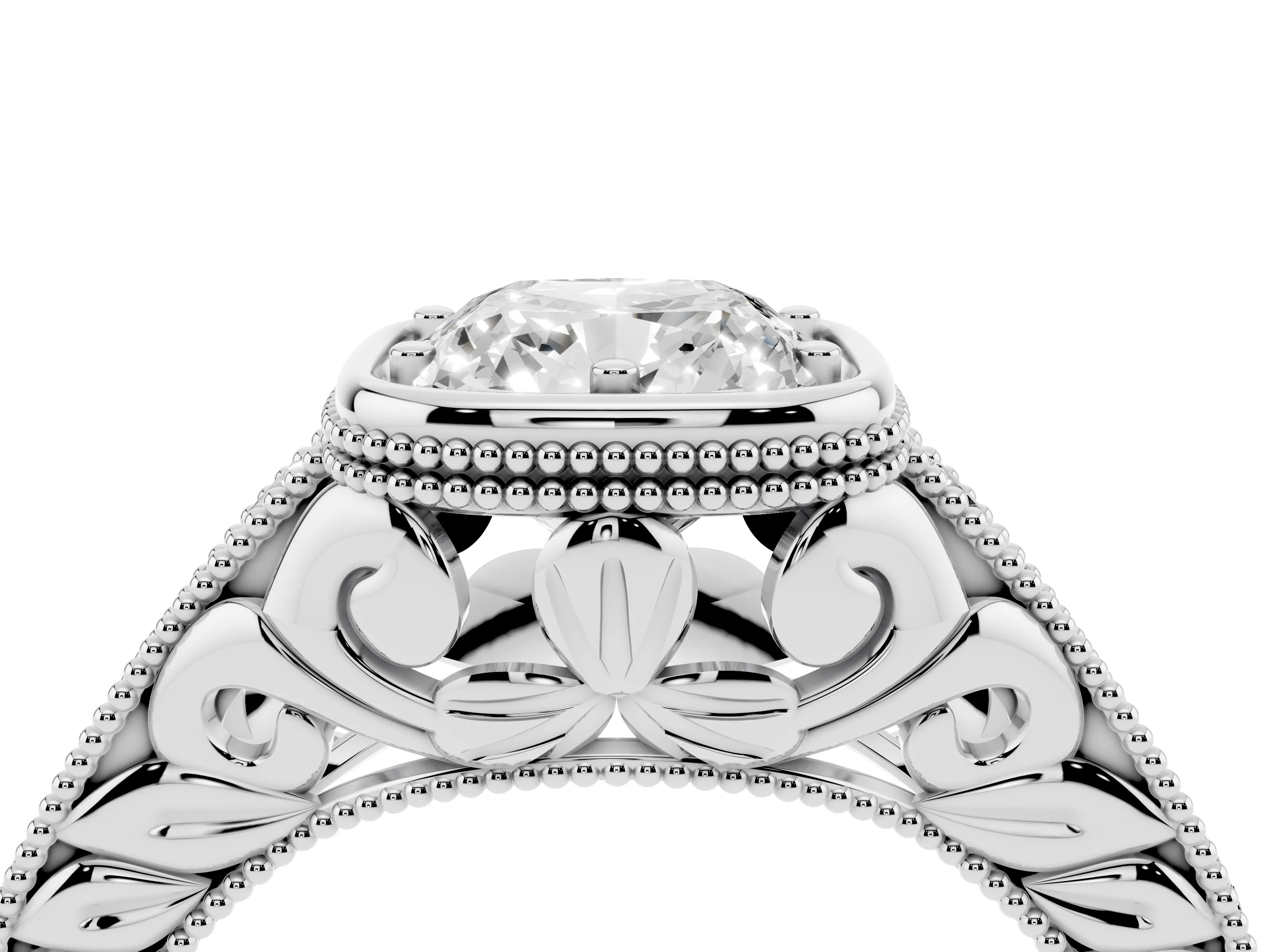 Bezel Set Cushion Cut Diamond Milgrain Pavé Engagement Ring Set in Silver