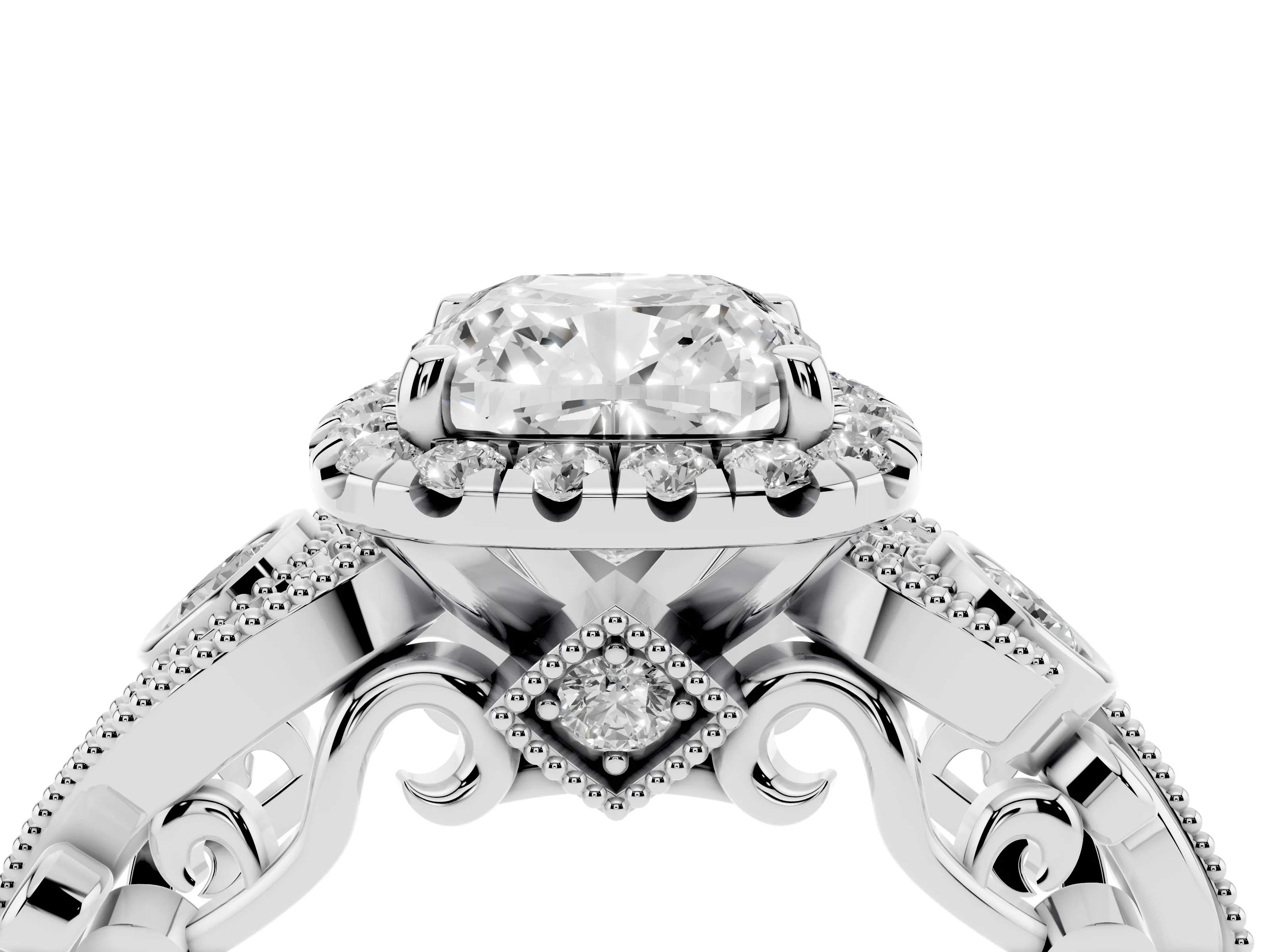 Cushion Cut Diamond Halo Ring Set in Platinum with Milgrain Pavé Band and Prong Setting