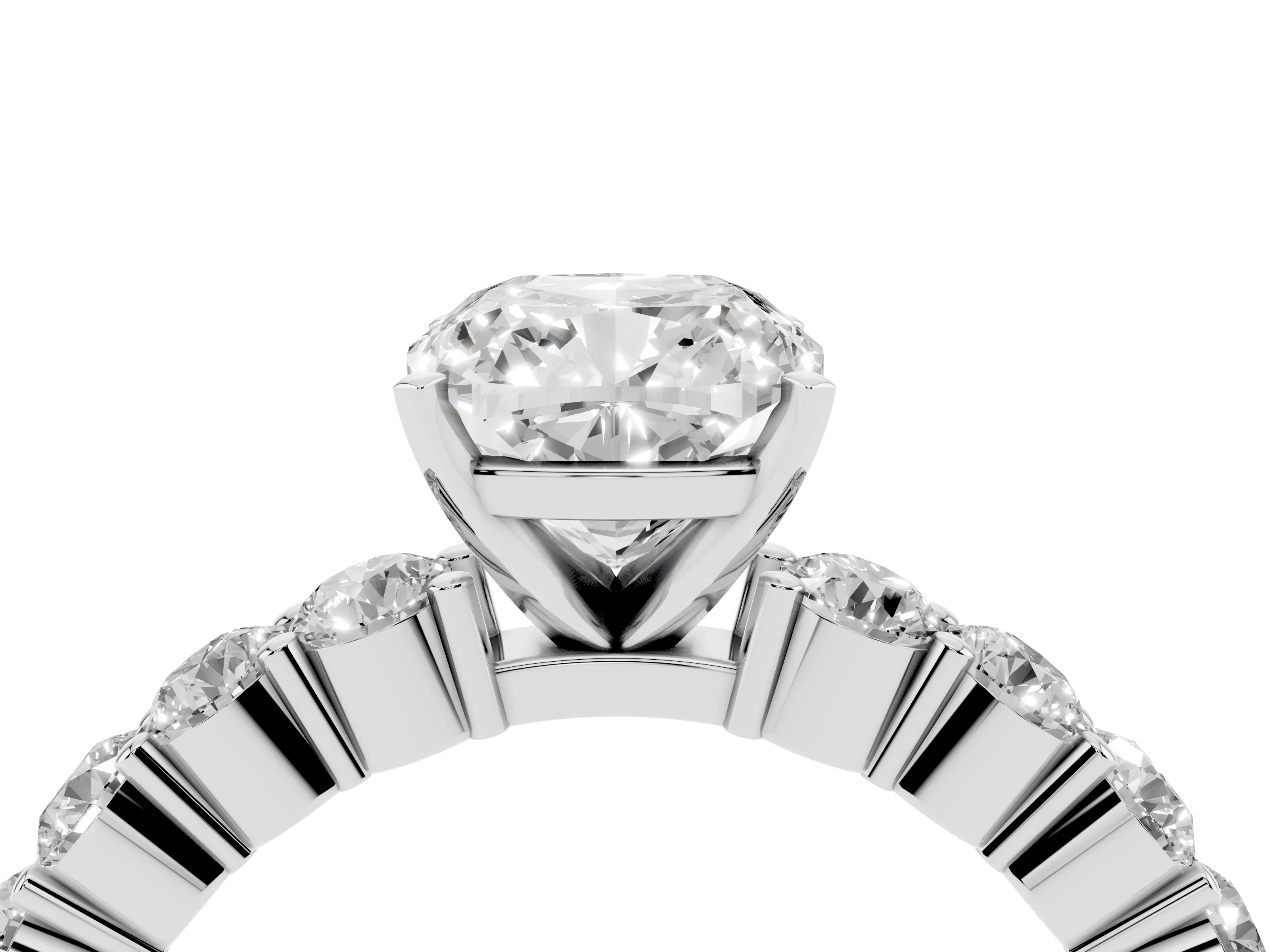 Cushion Cut Diamond Solitaire Ring Set in Platinum with Shared Prong Round Side Stones