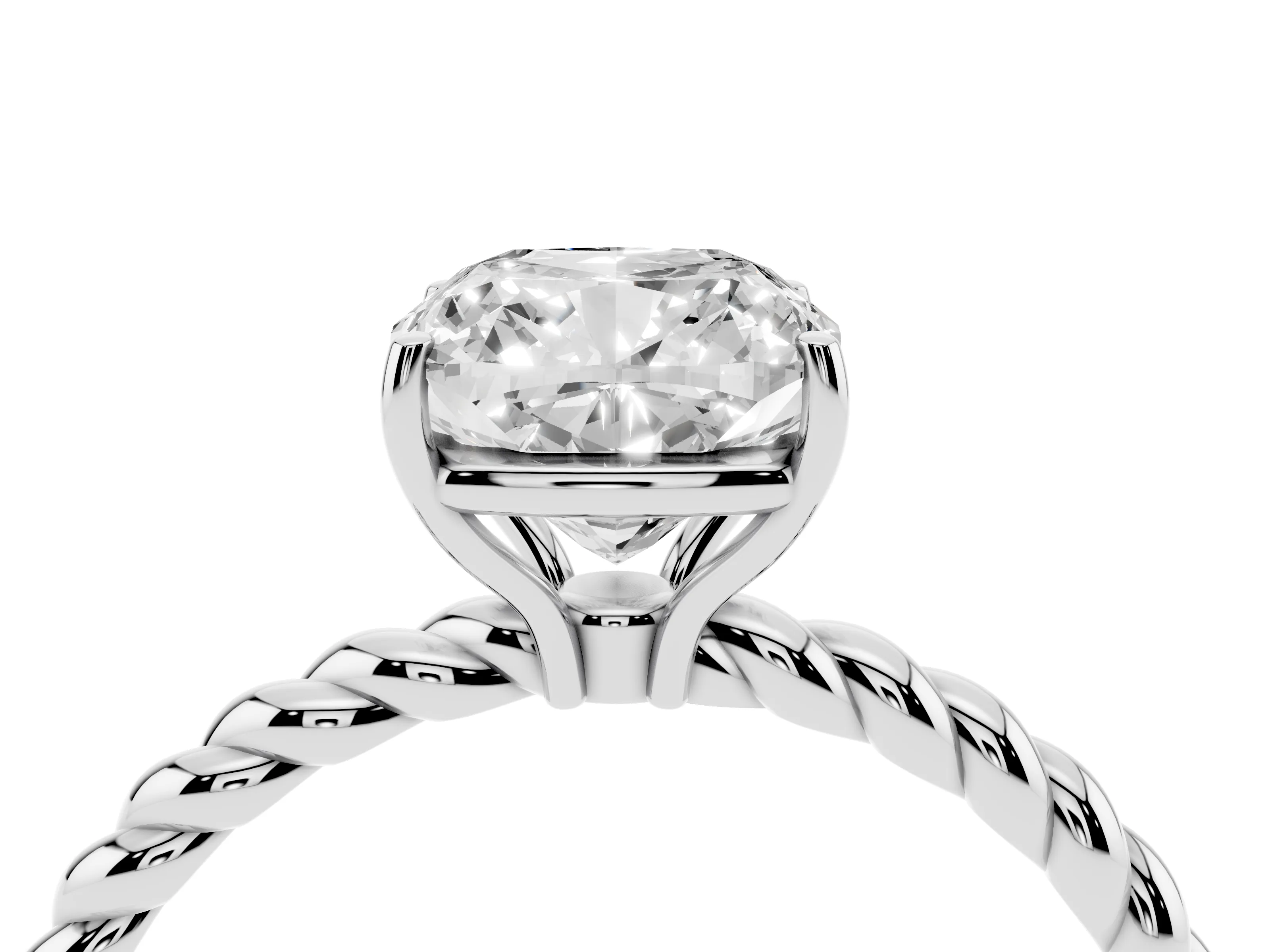 Cushion Cut Diamond Solitaire Ring Set in White gold with Twist Band and Prong Setting