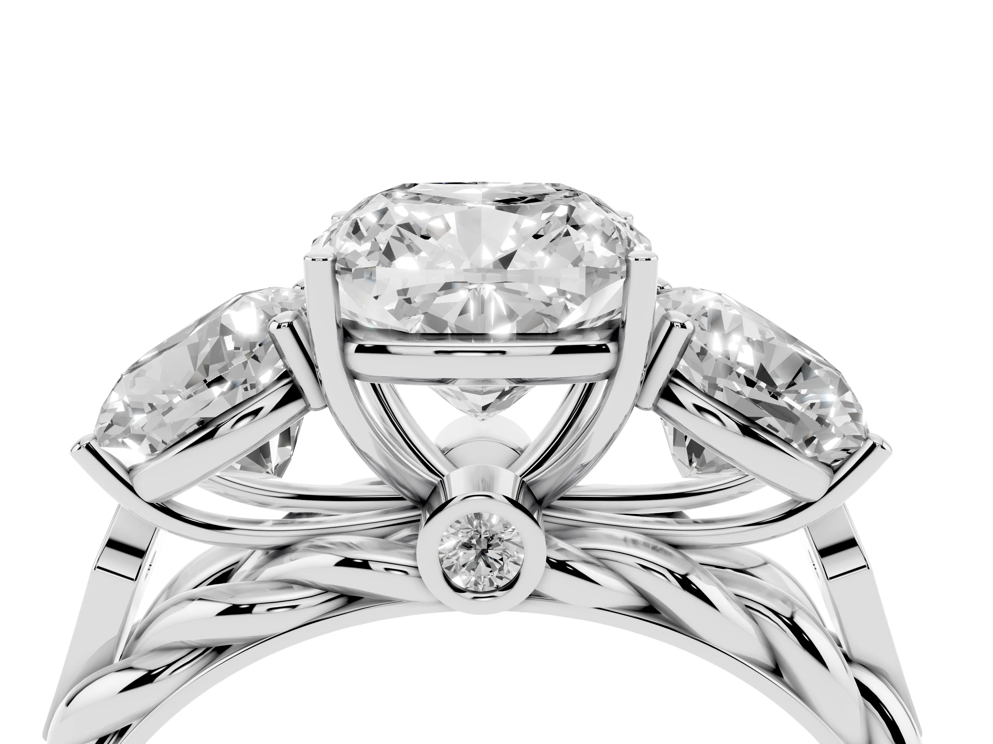 Cushion Cut Diamond Three-Stone Ring Set in Platinum with Braided Band