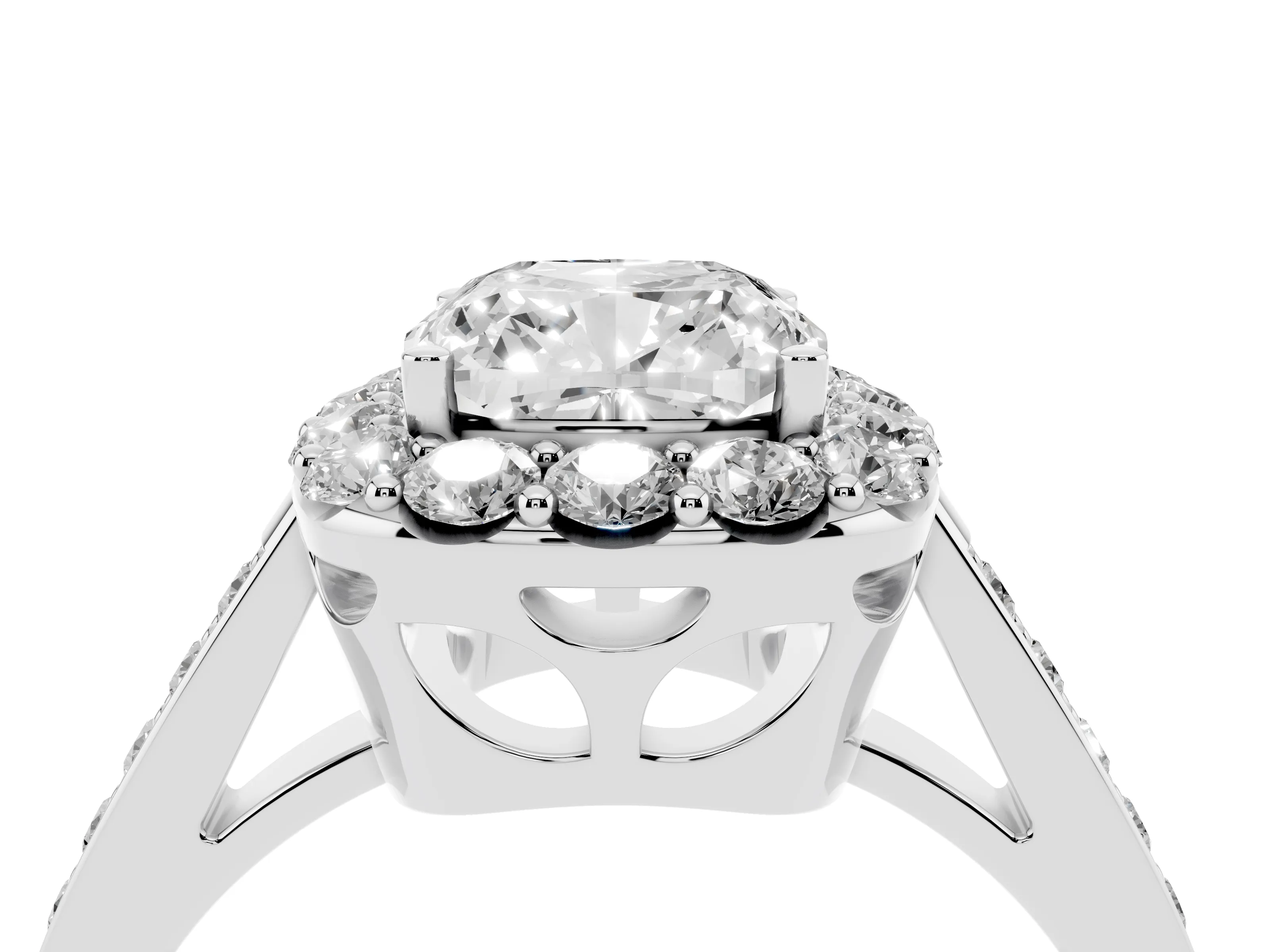 Cushion Cut Diamond Floral Halo Ring Set in White gold with Pavé Band and Prong Setting