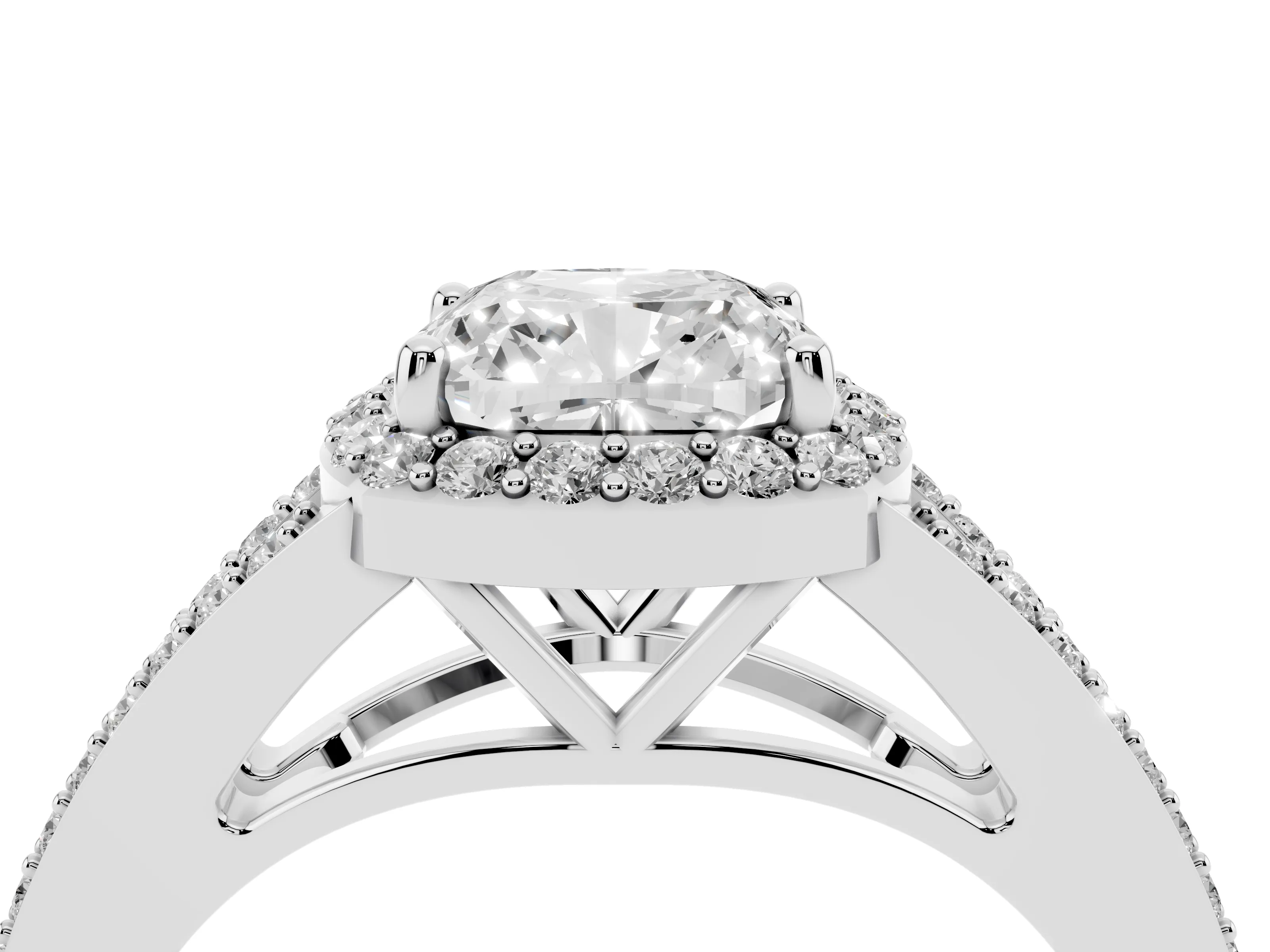 Cushion Cut Diamond Halo Split Shank Ring Set in Silver with Accent Stones and Prong Setting
