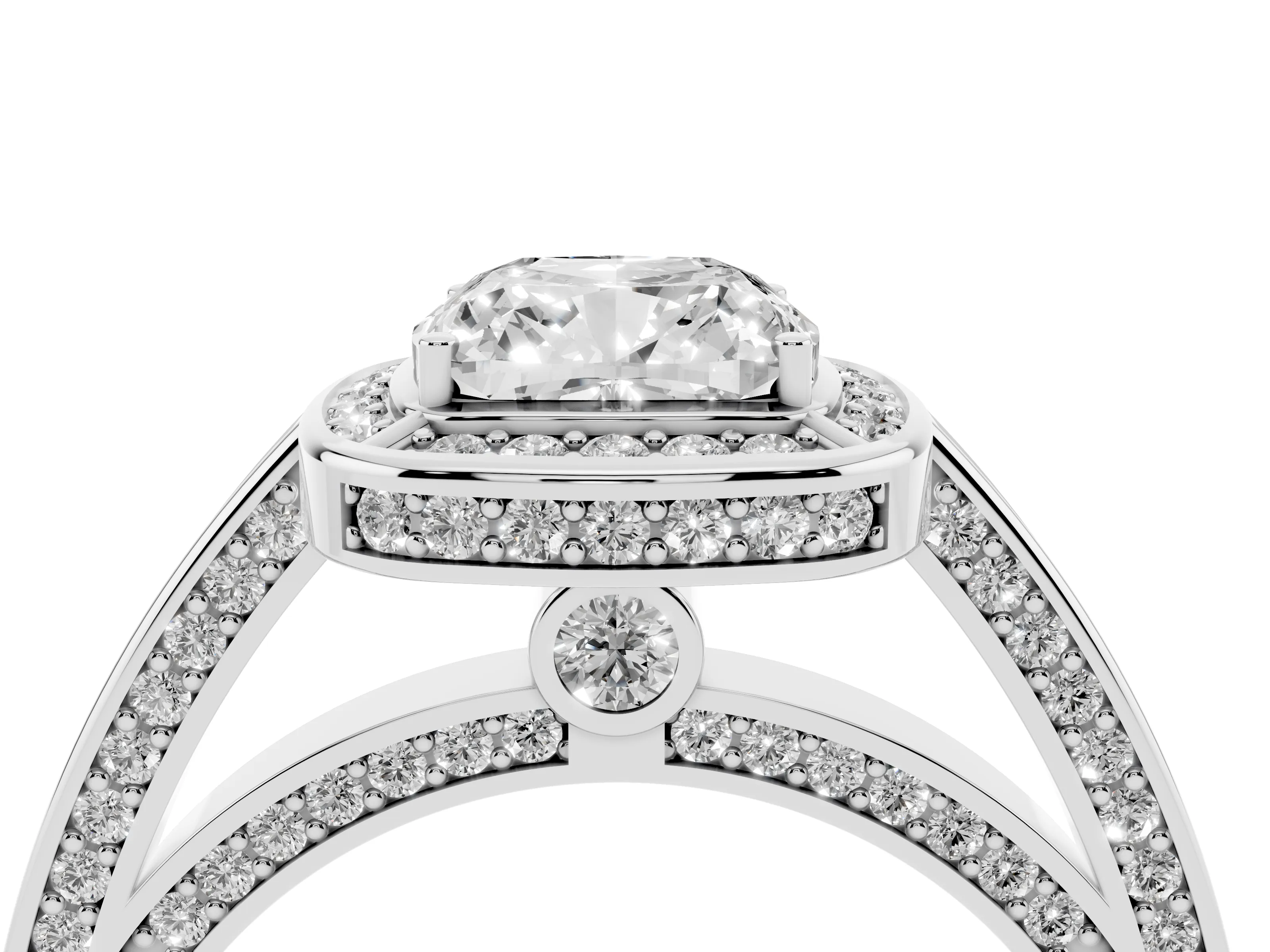 Cushion Cut Diamond Halo Pavé Split Shank Ring Set in Silver with Prong Setting