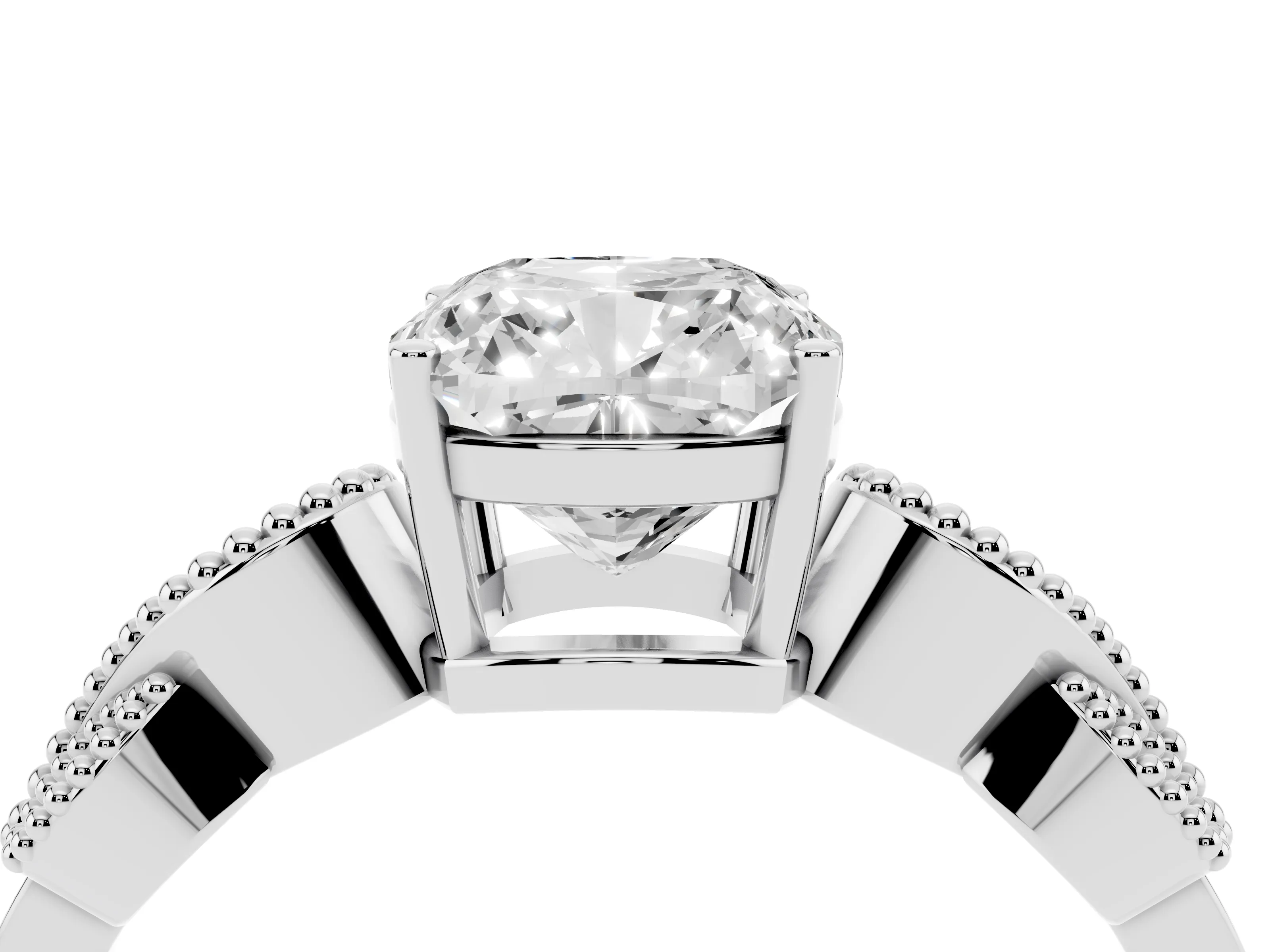 Cushion Cut Diamond Milgrain Leaf Band Solitaire Ring Set in Silver with Accent Stones and Prong Setting