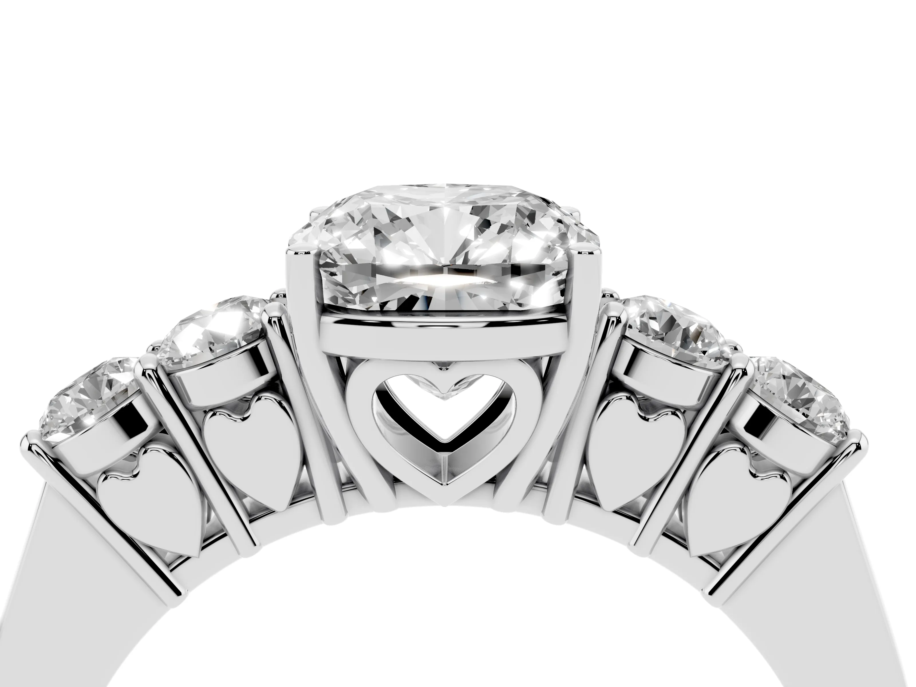 Cushion Cut Diamond Five-Stone Prong Set Band Ring Set in White gold with Polished Band