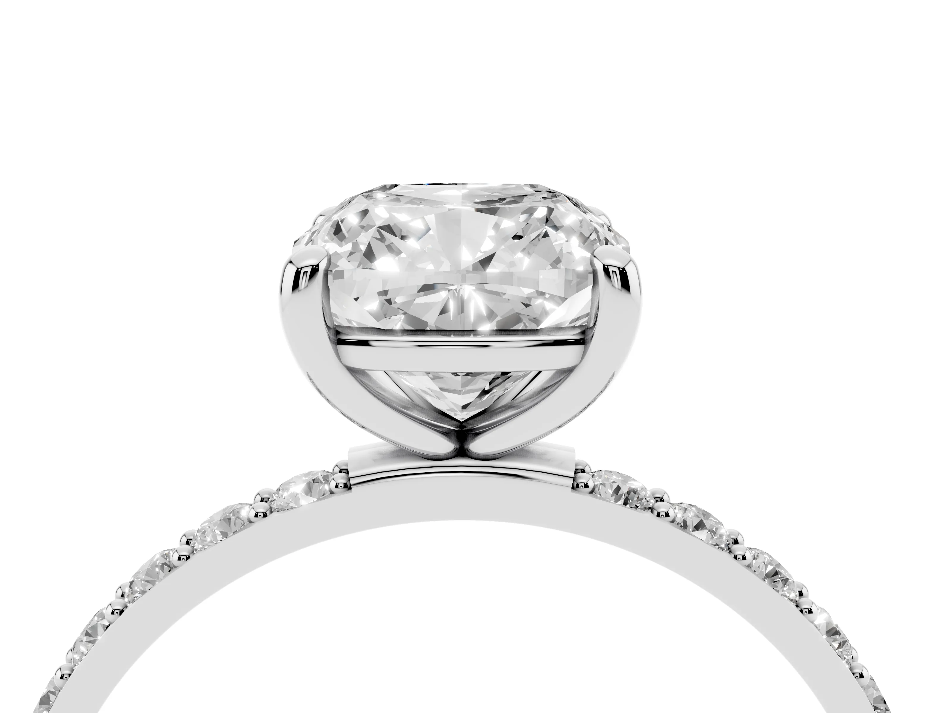 Cushion Cut Diamond Solitaire Ring Set in Platinum with Round Pavé Band and Prong Setting