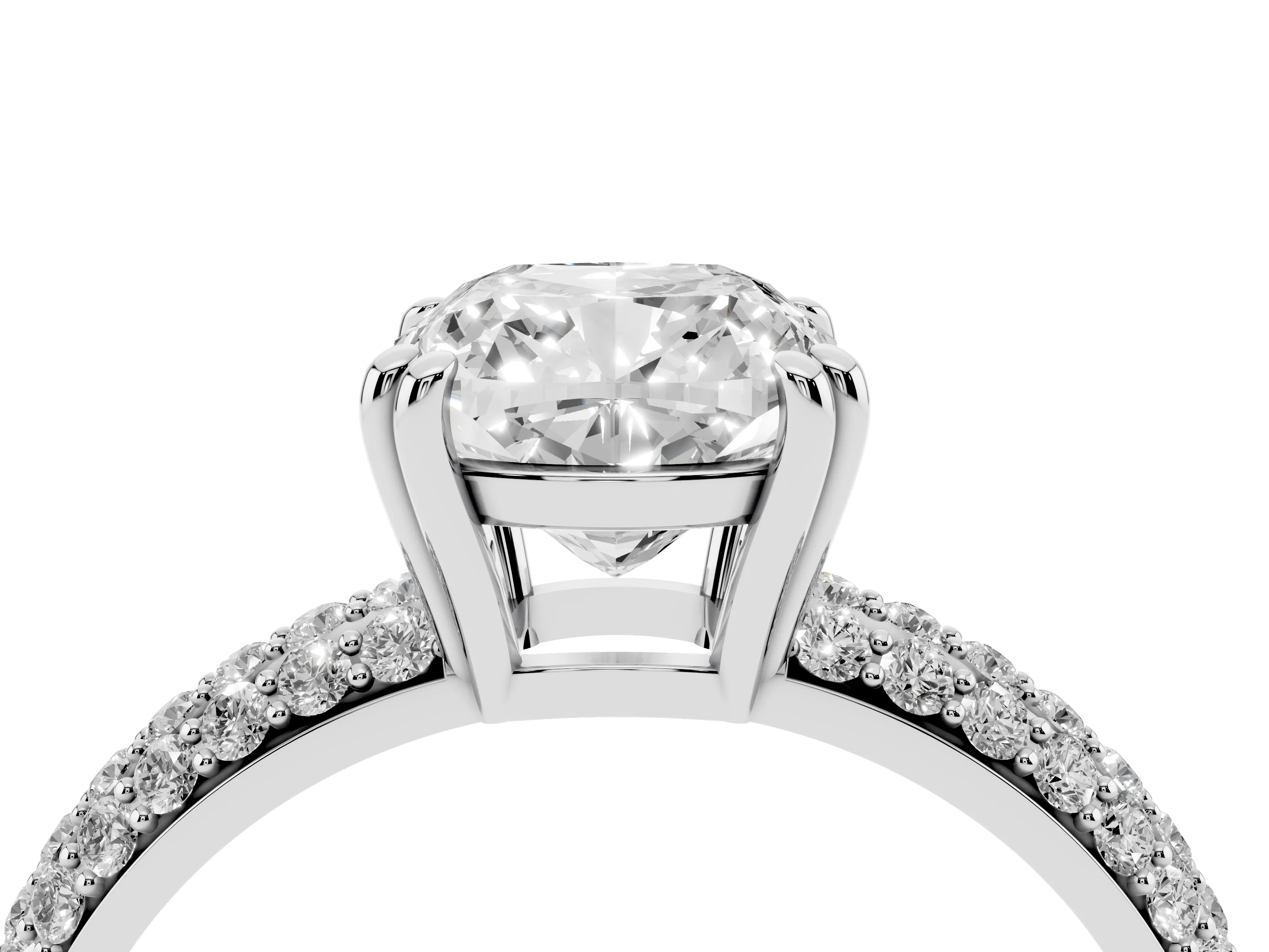 Cushion Cut Diamond Solitaire Ring Set in Silver with Multi-Row Round Pavé Band and Prong Setting