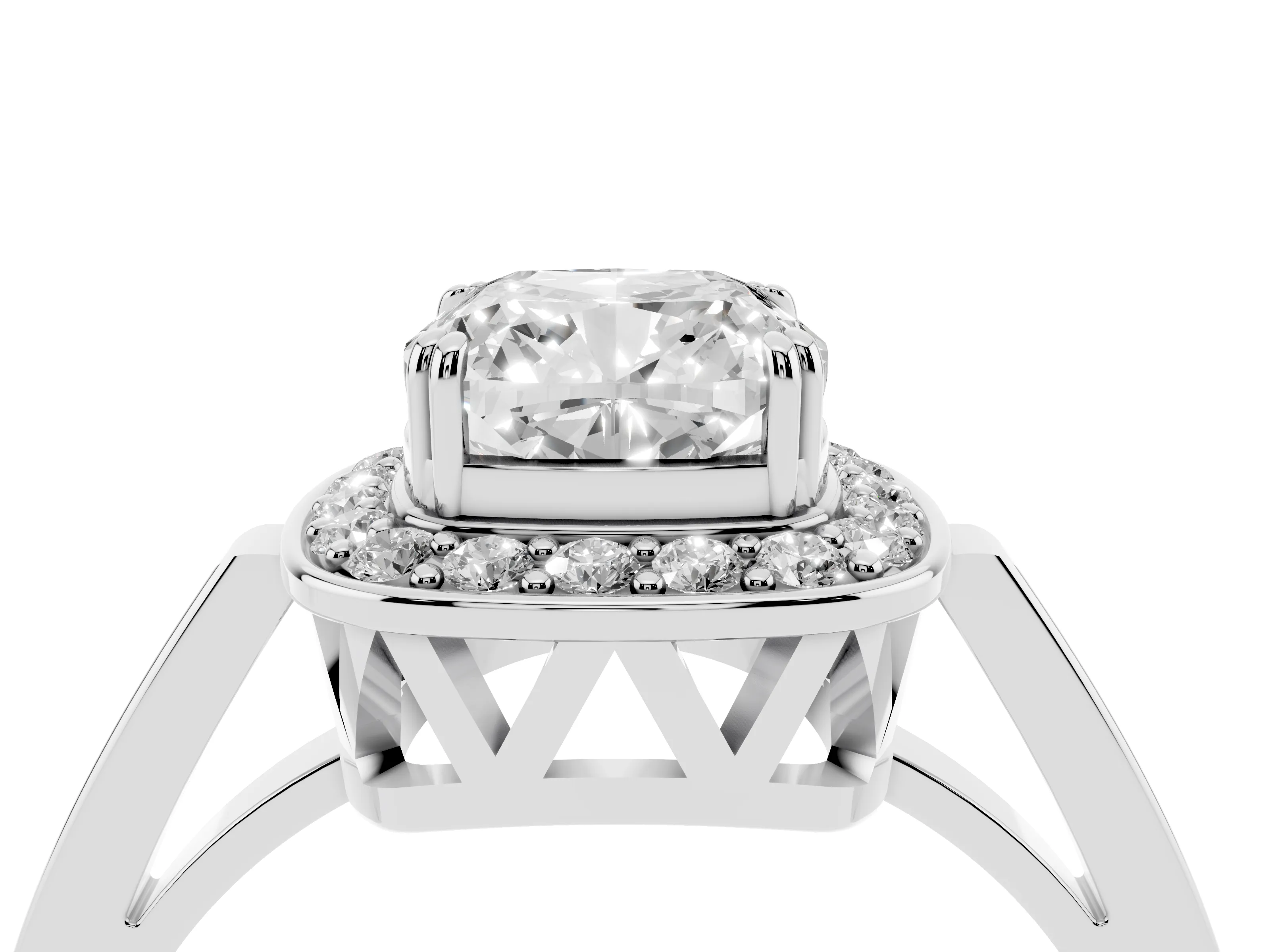 Cushion Cut Diamond Halo Ring Set in Platinum with Accent-Lined Split Shank and Prong Setting