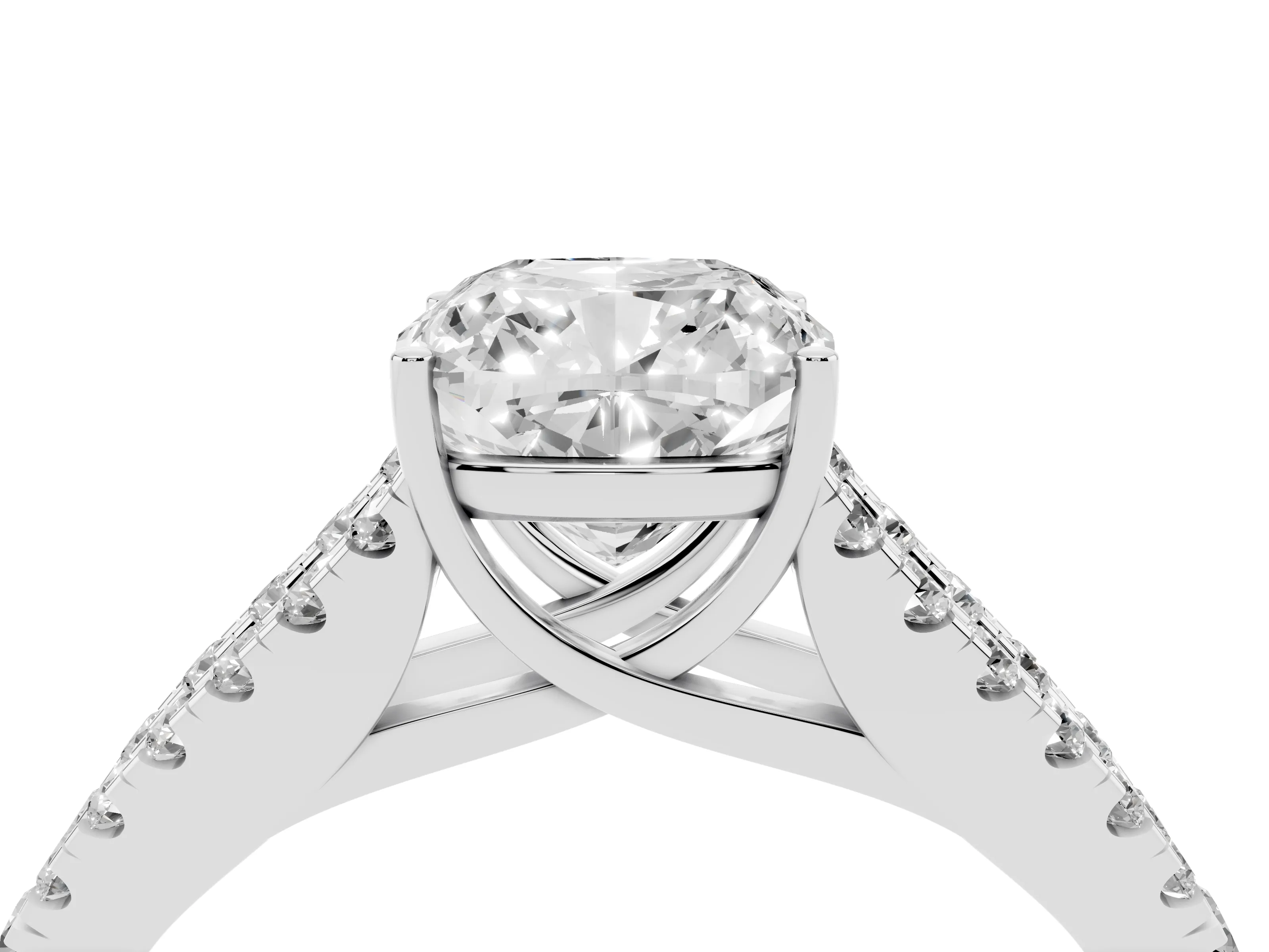 Cushion Cut Diamond Split Shank Pavé Engagement Ring Set in Platinum with Prong-Held Center Stone