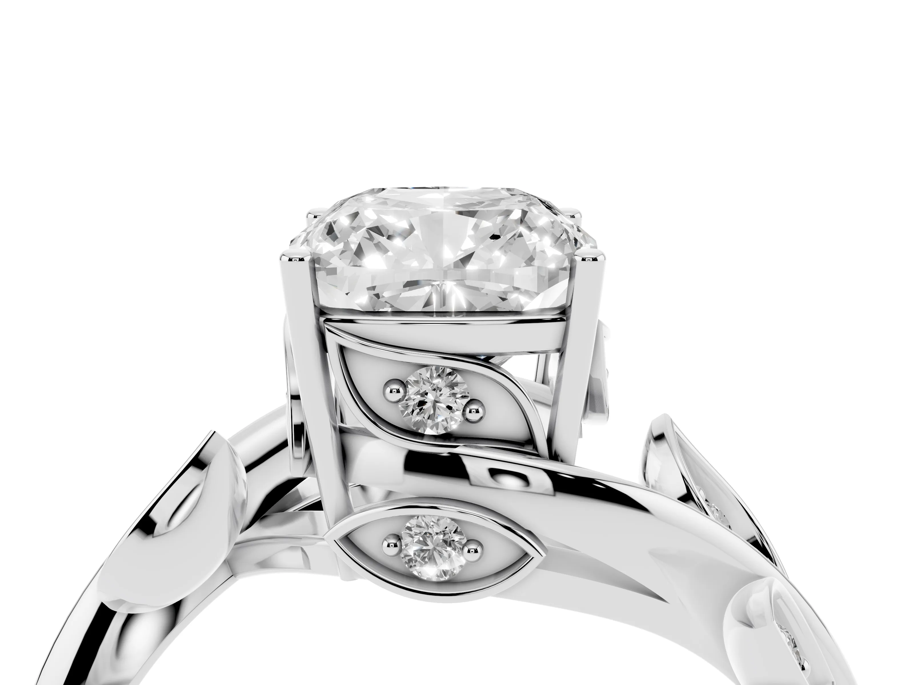 Cushion Cut Diamond Solitaire Twist Engagement Ring Set in Platinum with Pavé Leaf Accents