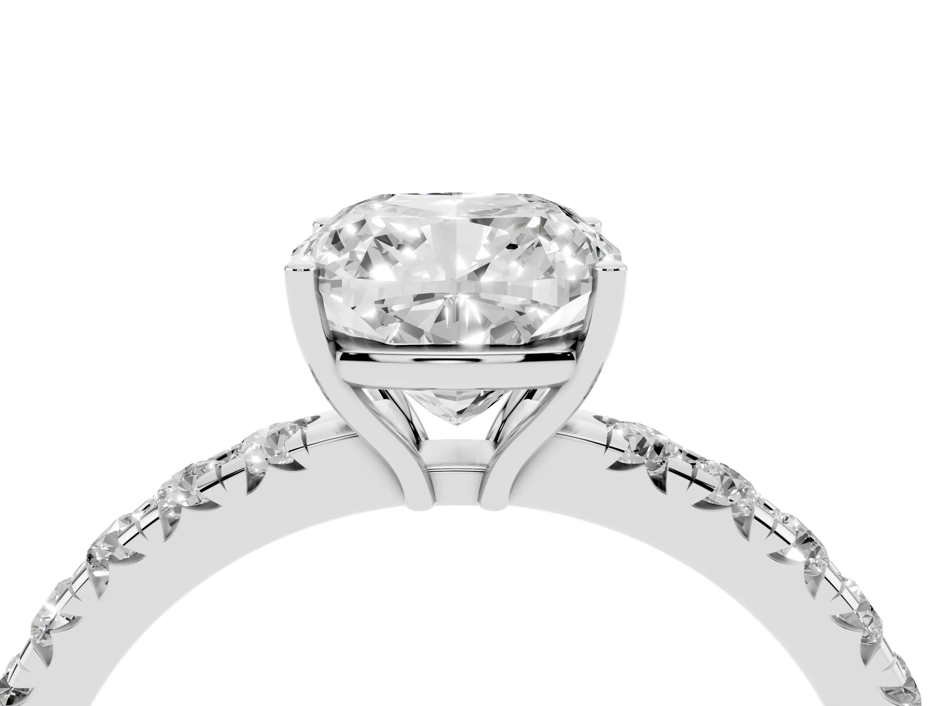 Cushion Cut Diamond Pavé Solitaire Engagement Ring Set in Platinum with Prong Setting