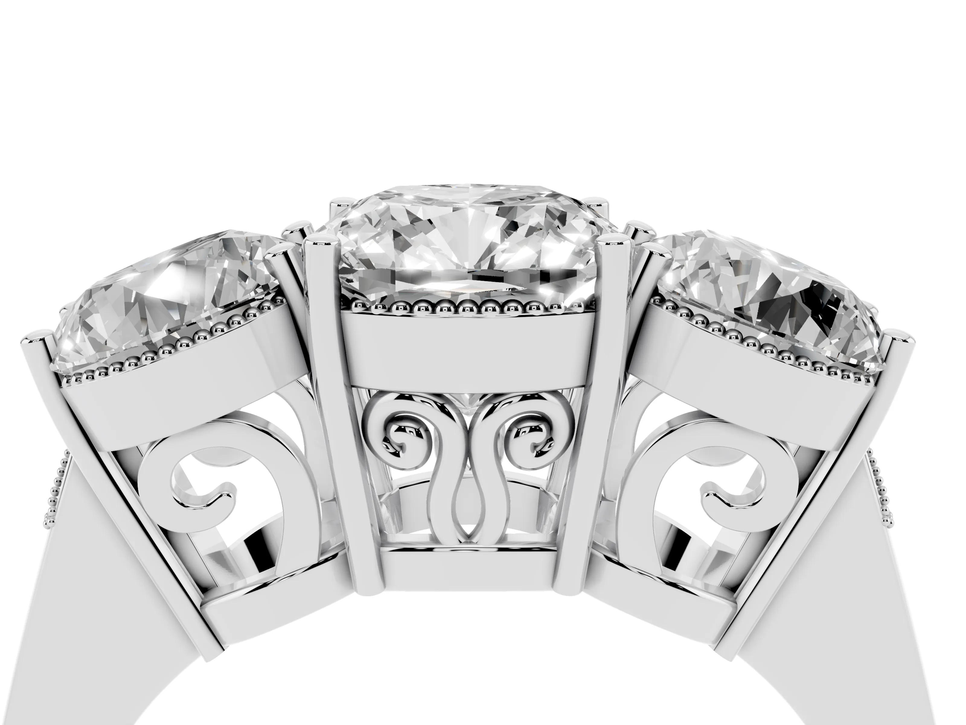 Cushion Cut Diamond Three-Stone Engagement Ring Set in White gold with Polished Band