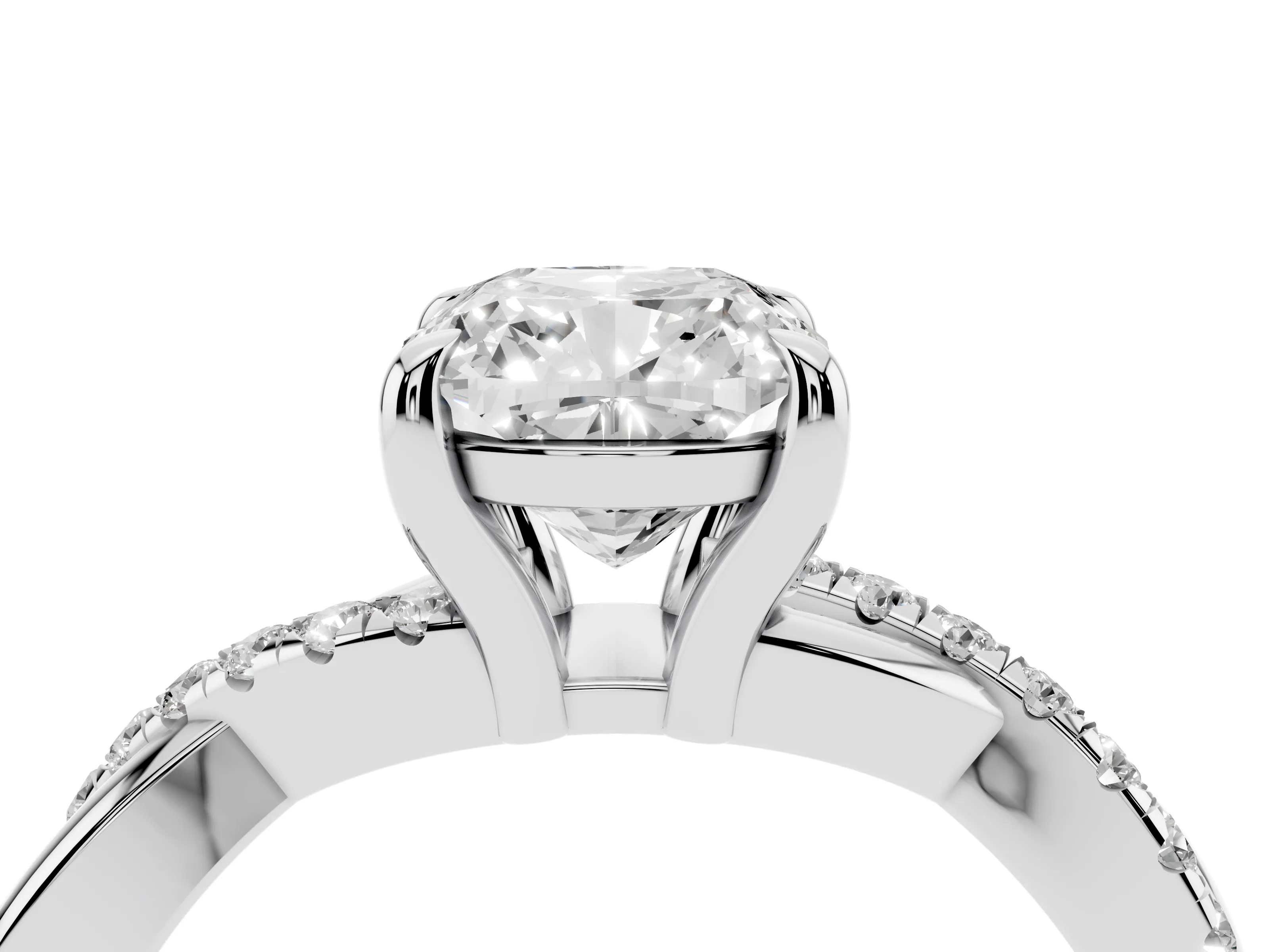 Cushion Cut Diamond Twist Band Pavé Solitaire Ring Set in Silver with Prong Setting