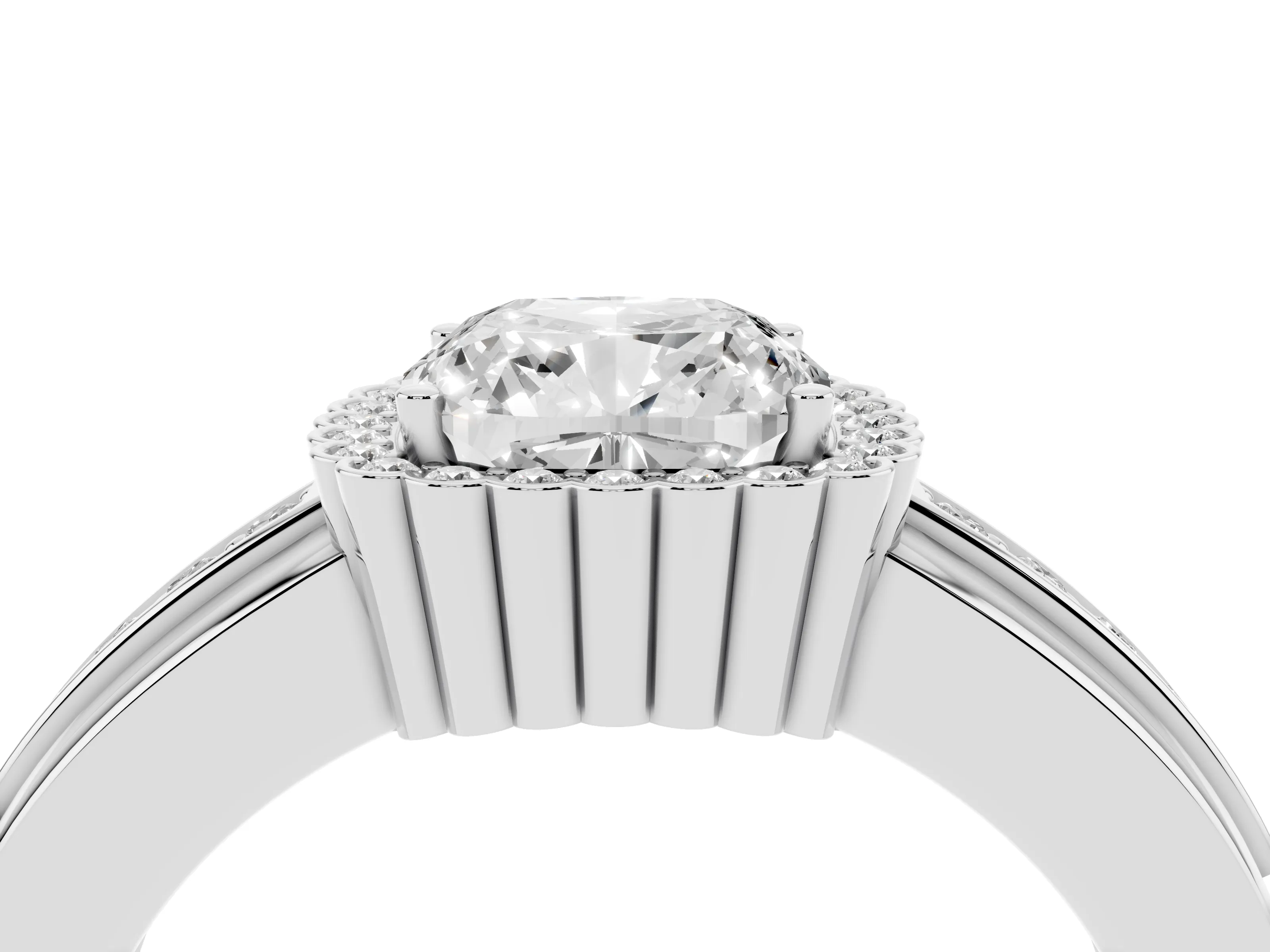 Cushion Cut Diamond Halo Prong Ring Set in Platinum with Pavé Band