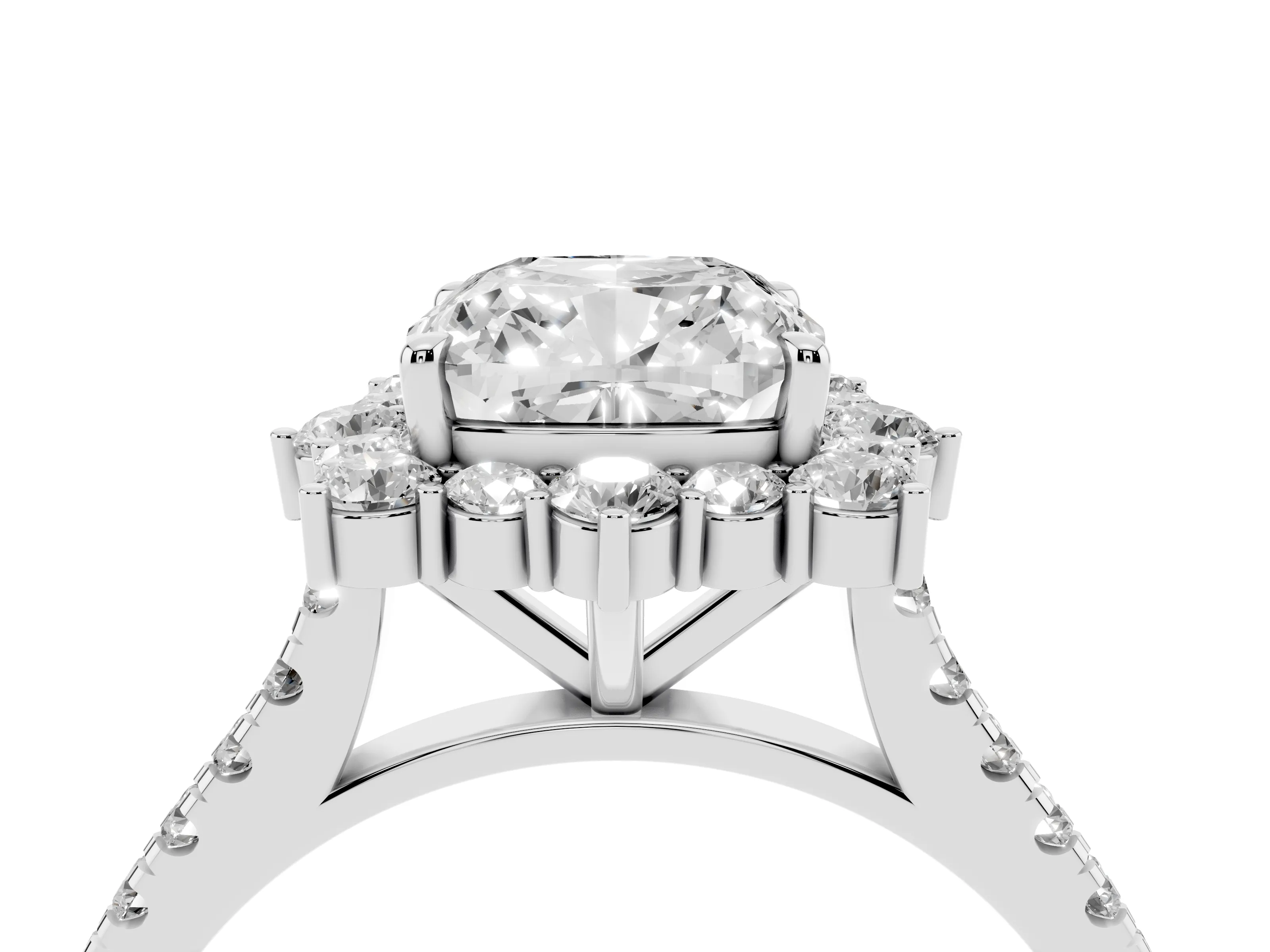 Cushion Cut Diamond Halo Ring Set in Silver with Pavé Band and Prong Setting