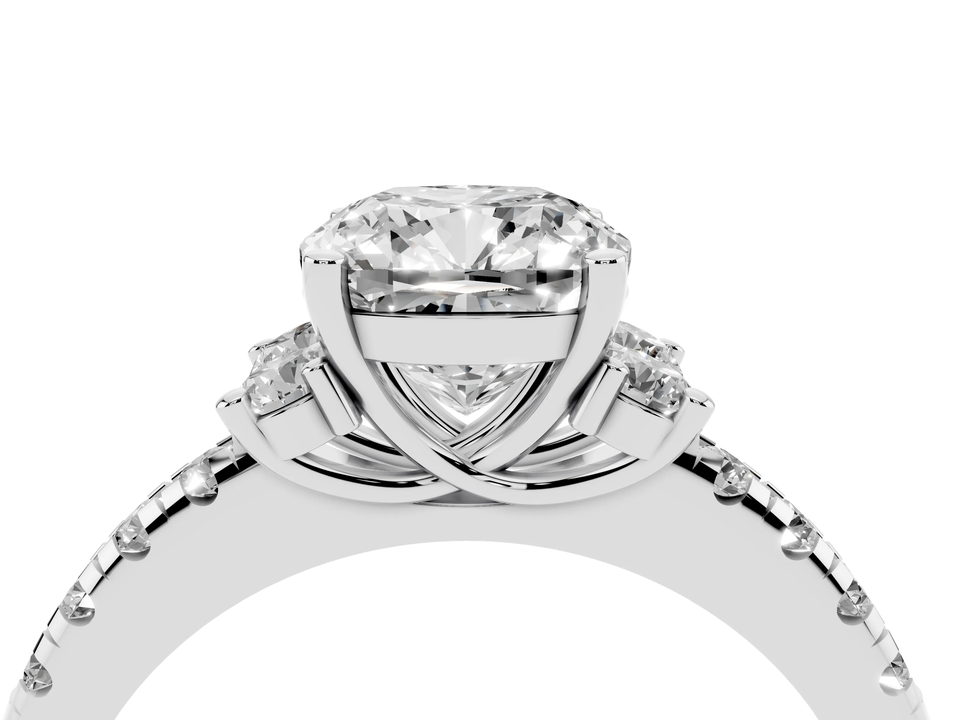 Cushion Cut Diamond Three-Stone Pavé Ring Set in Silver with Prong Setting