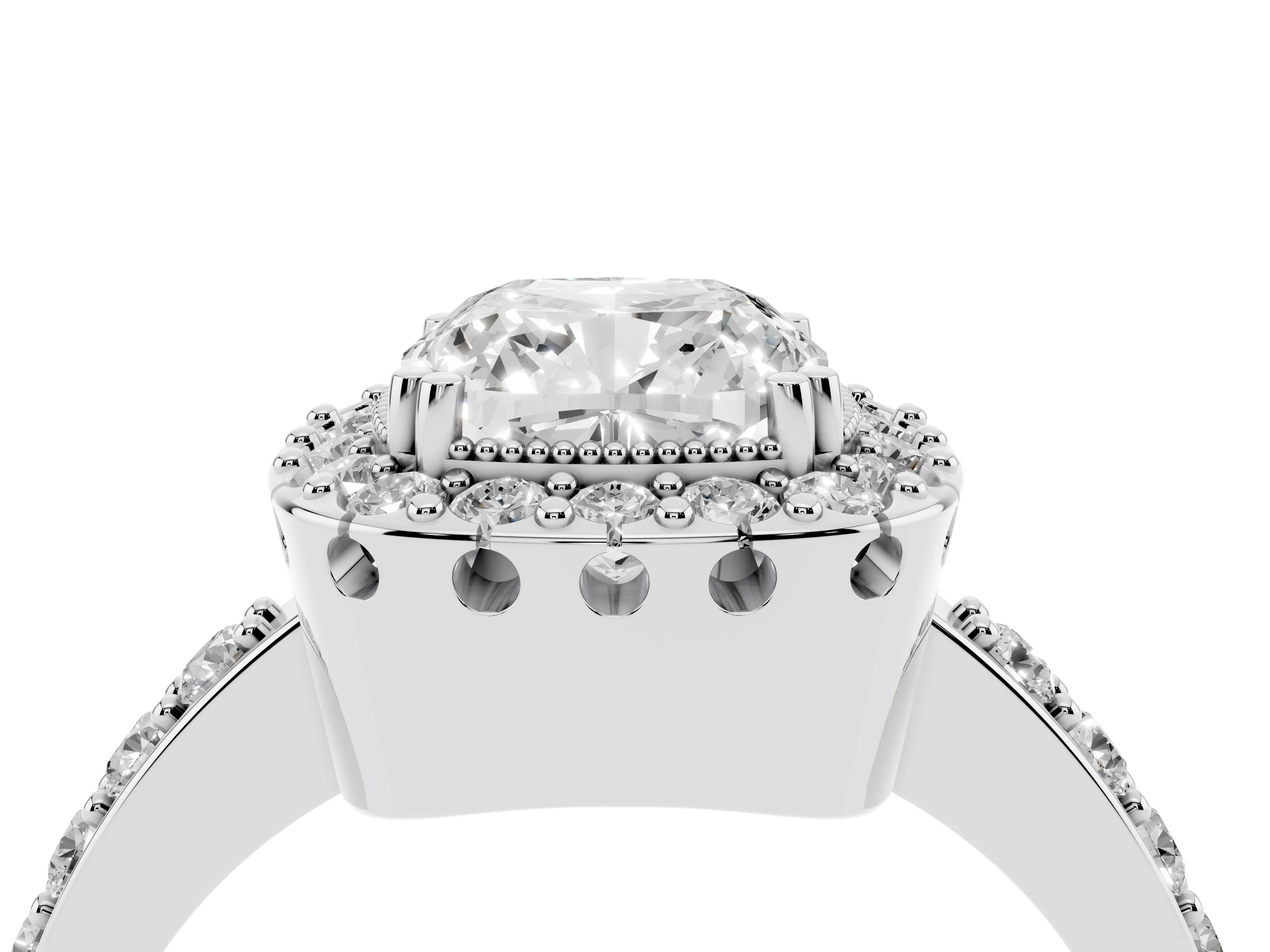 Cushion Cut Diamond Halo Ring Set in White gold with Pavé Shank and Prong Setting