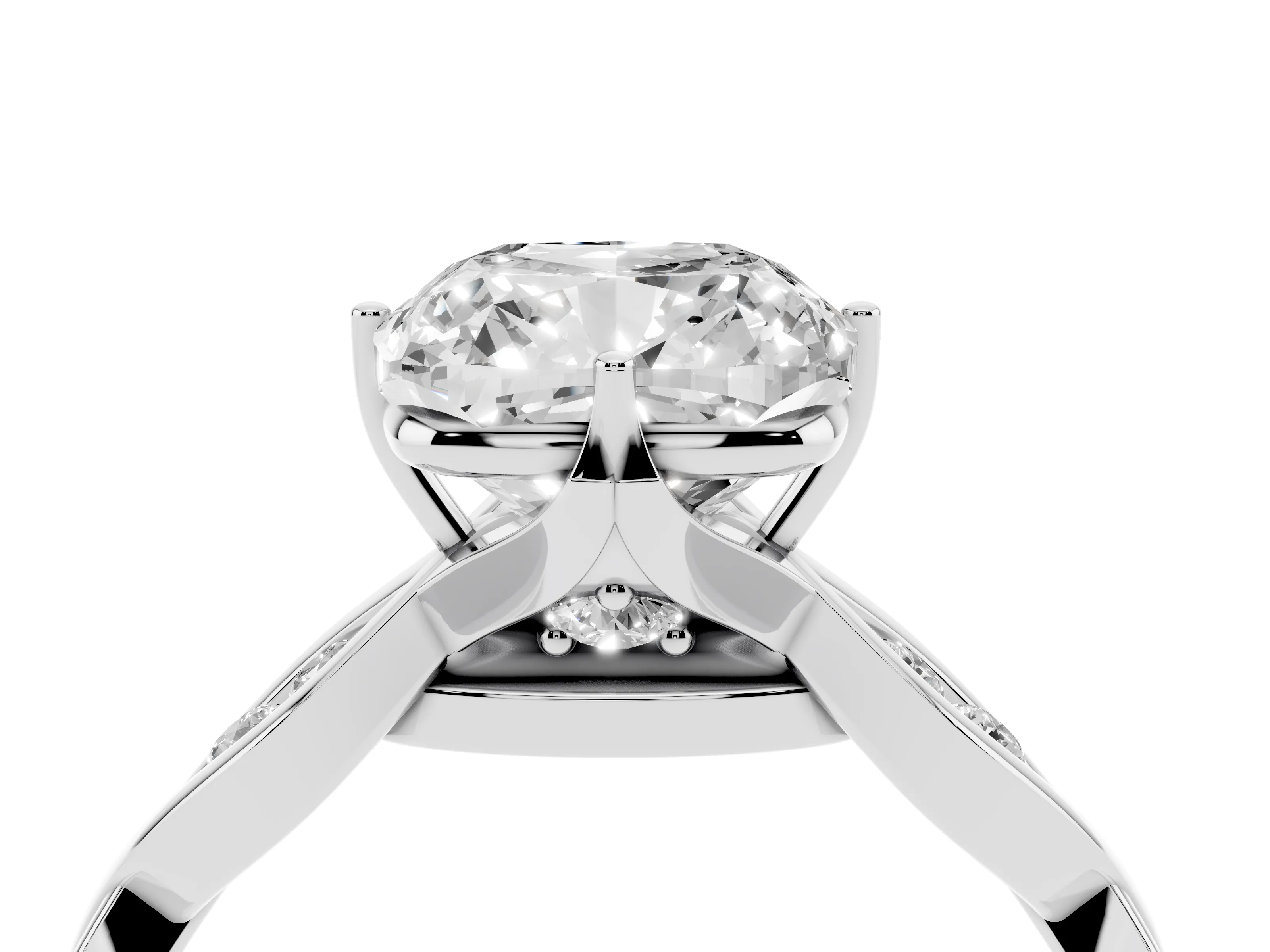 Cushion Cut Diamond Twist Band Solitaire Ring Set in Silver with Leaf Prong Setting and Accent Stones