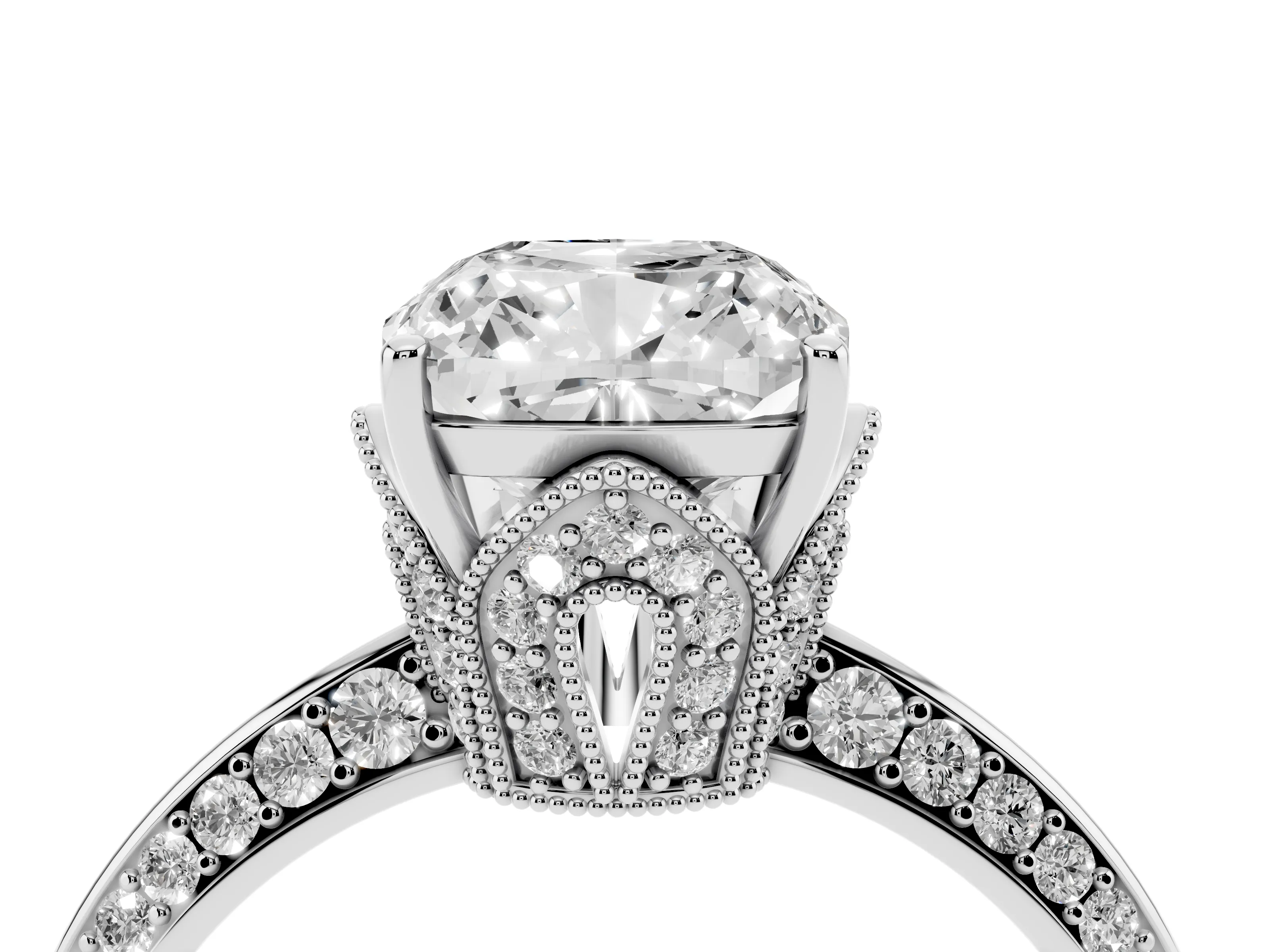 Cushion Cut Diamond Solitaire Engagement Ring Set in Silver with Pavé Split Shank and Prong Setting