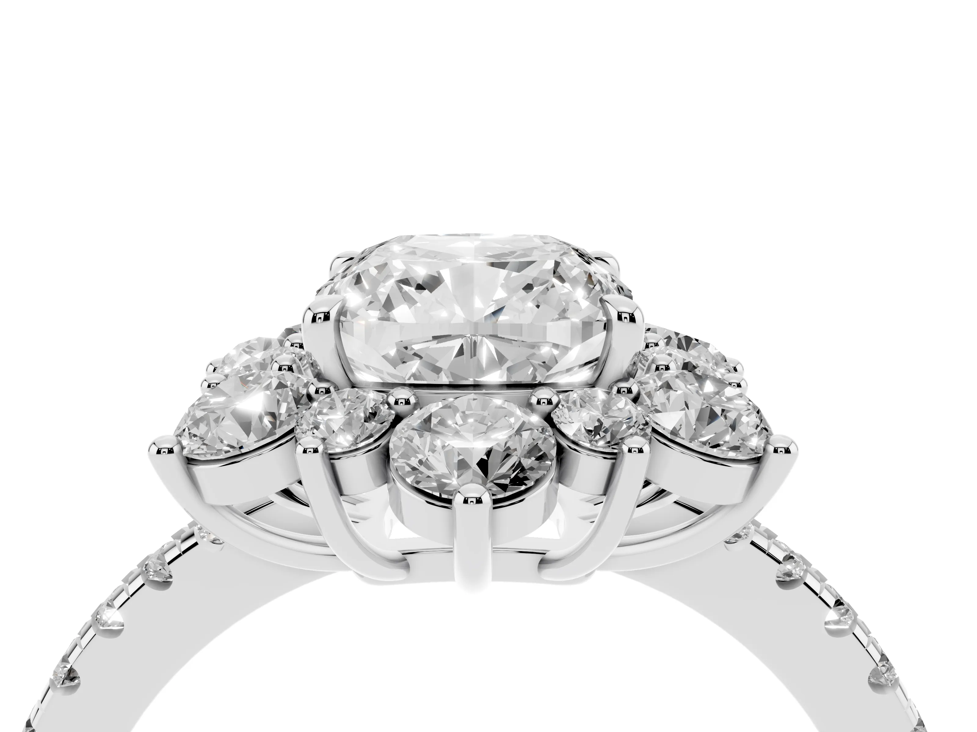 Cushion Cut Diamond Floral Halo Ring Set in Platinum with Round Pavé Band and Prong Setting