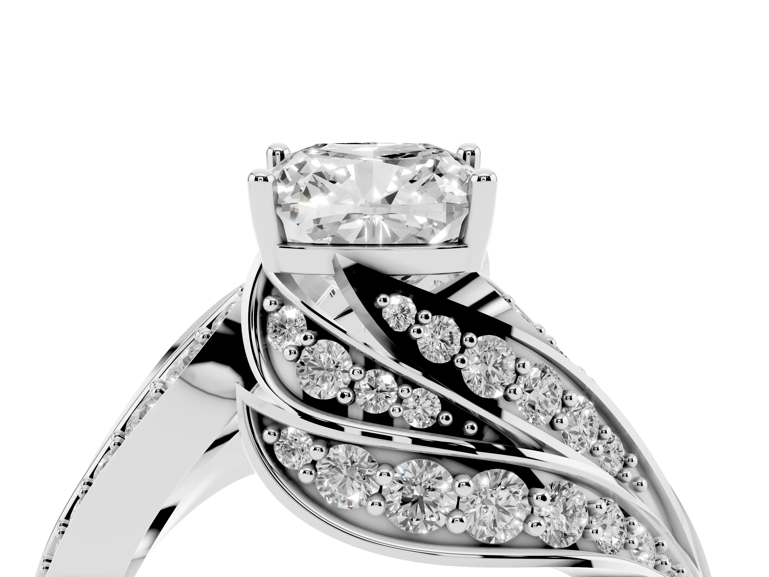 Cushion Cut Diamond Solitaire Ring Set in Platinum with Layered Twist Pavé Band