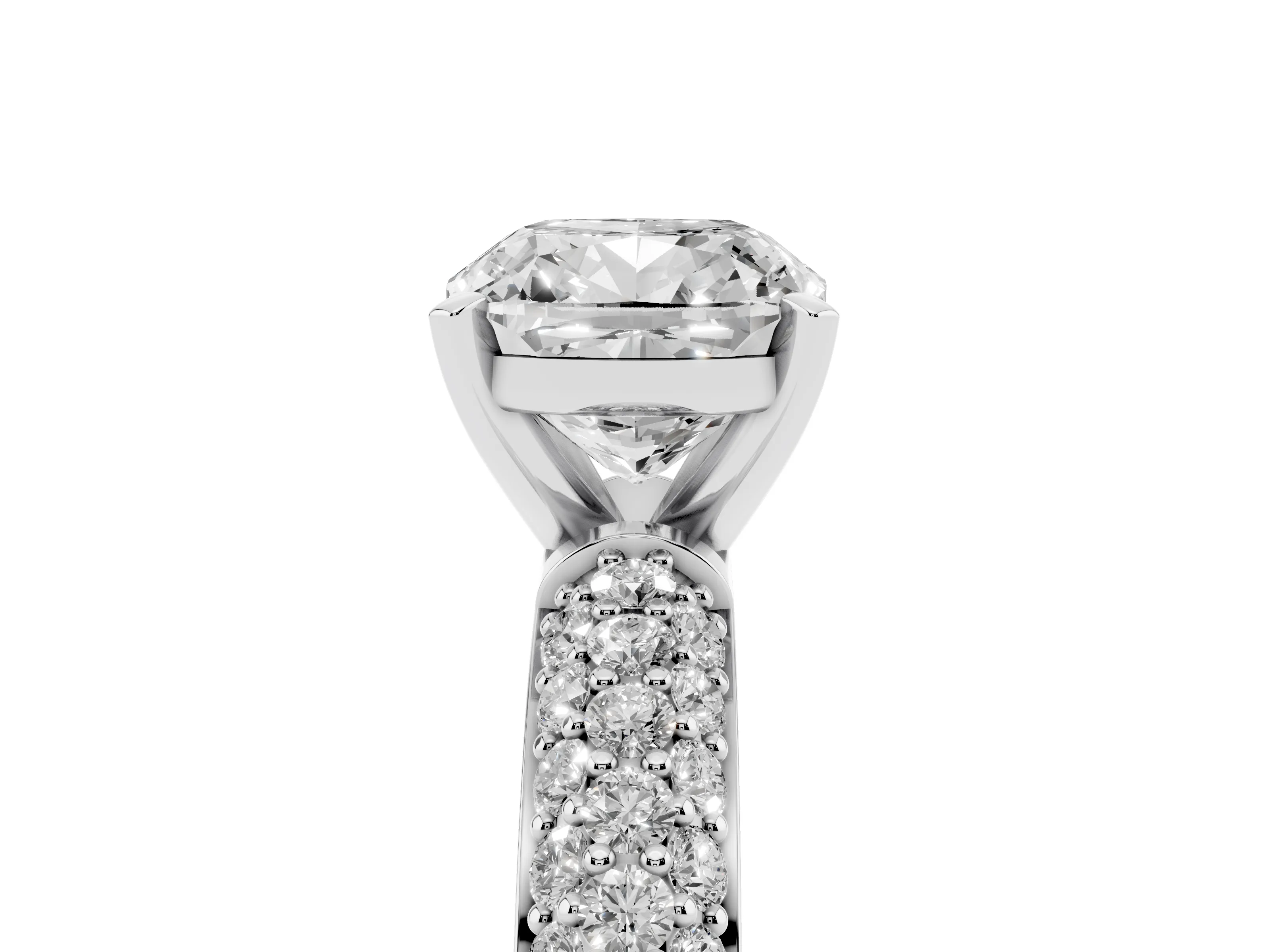 Cushion Cut Diamond Solitaire Ring Set in White gold with Prong Setting and Pavé-Set Band