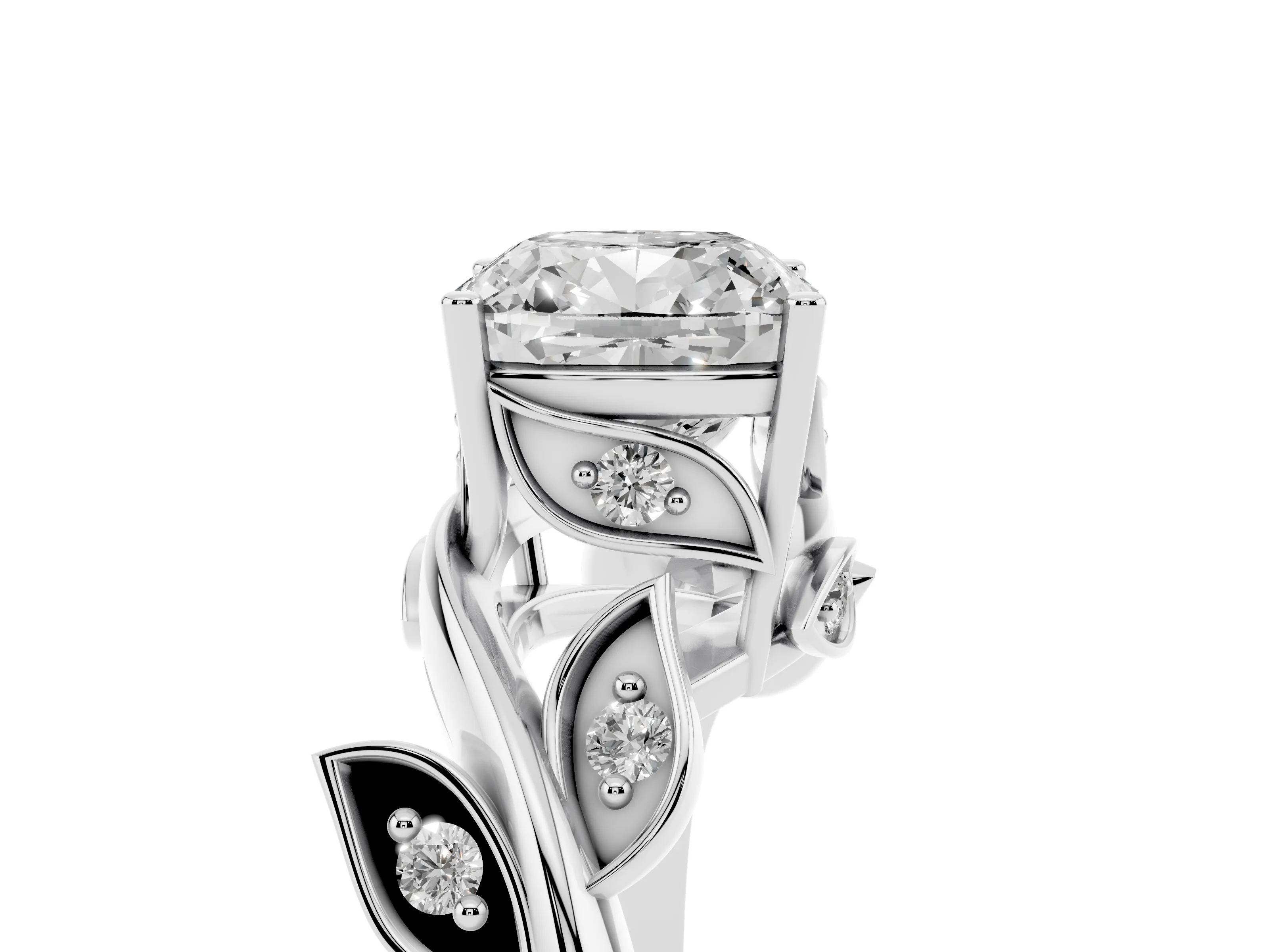 Cushion Cut Diamond Solitaire Twist Engagement Ring Set in Platinum with Pavé Leaf Accents
