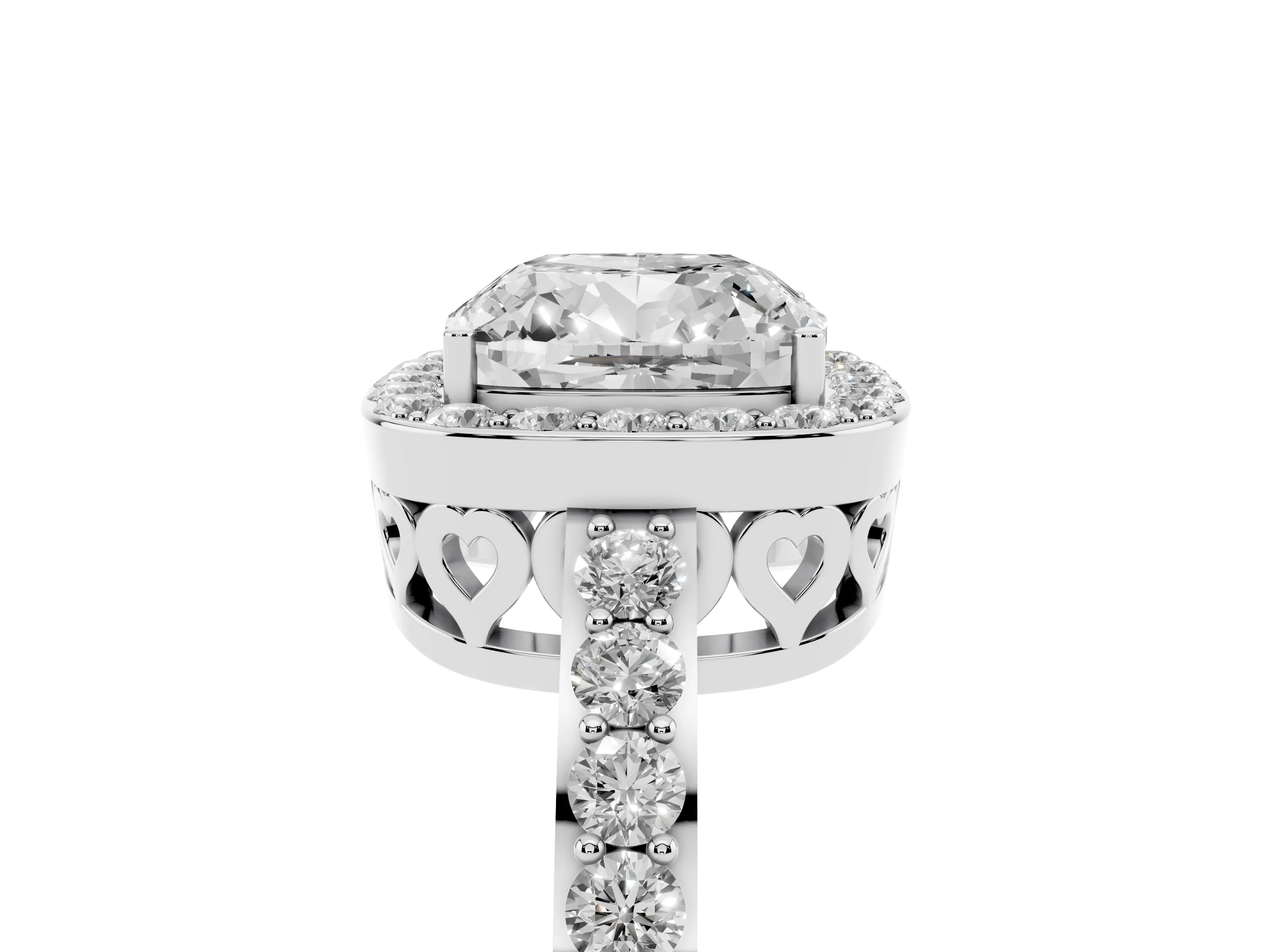 Cushion Cut Diamond Halo Ring Set in White gold with Pavé-Setting Band and Open Prong Center