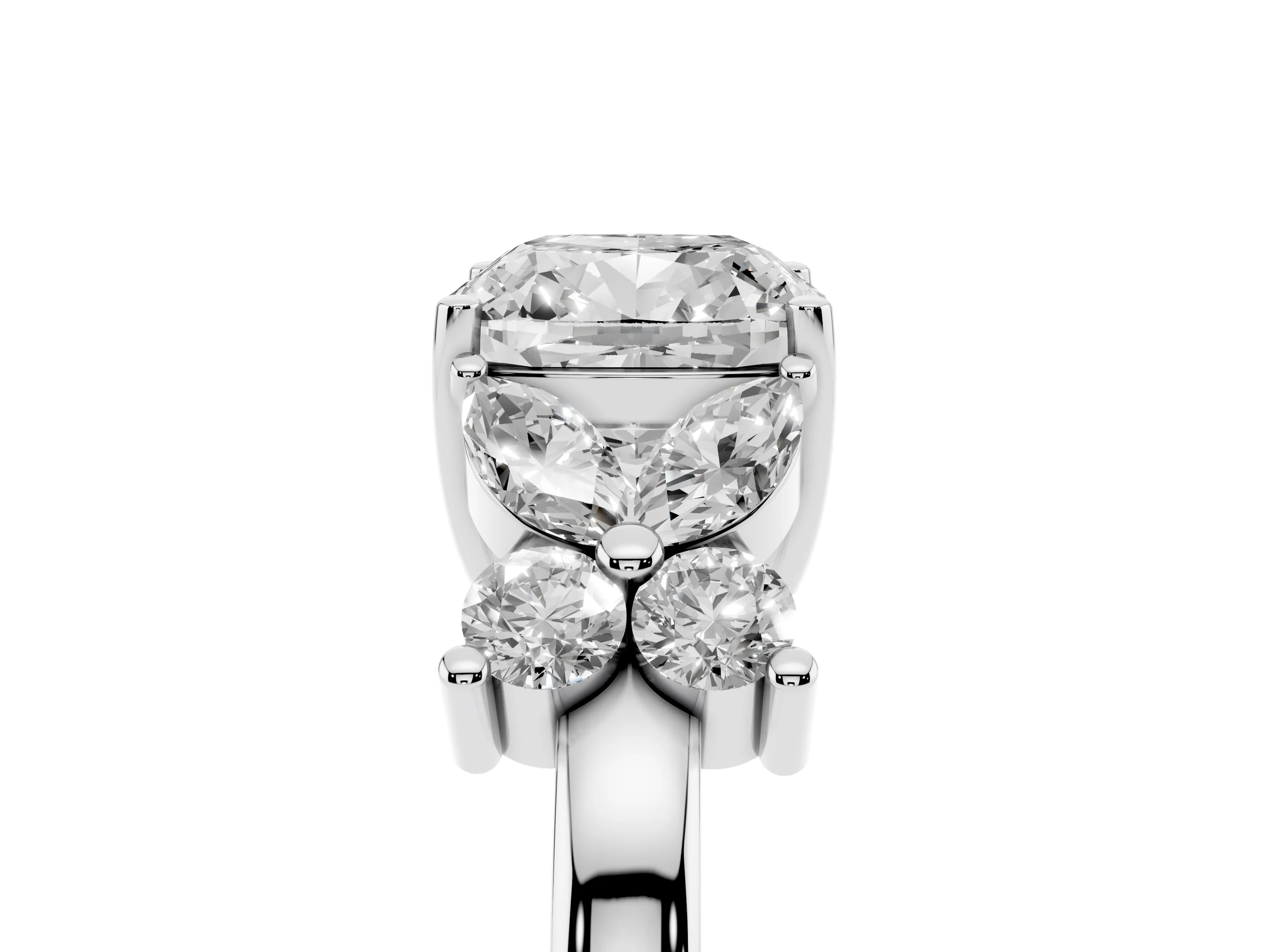Cushion Cut Diamond Floral Cluster Ring Set in White gold with Marquise Petals and Prong Setting