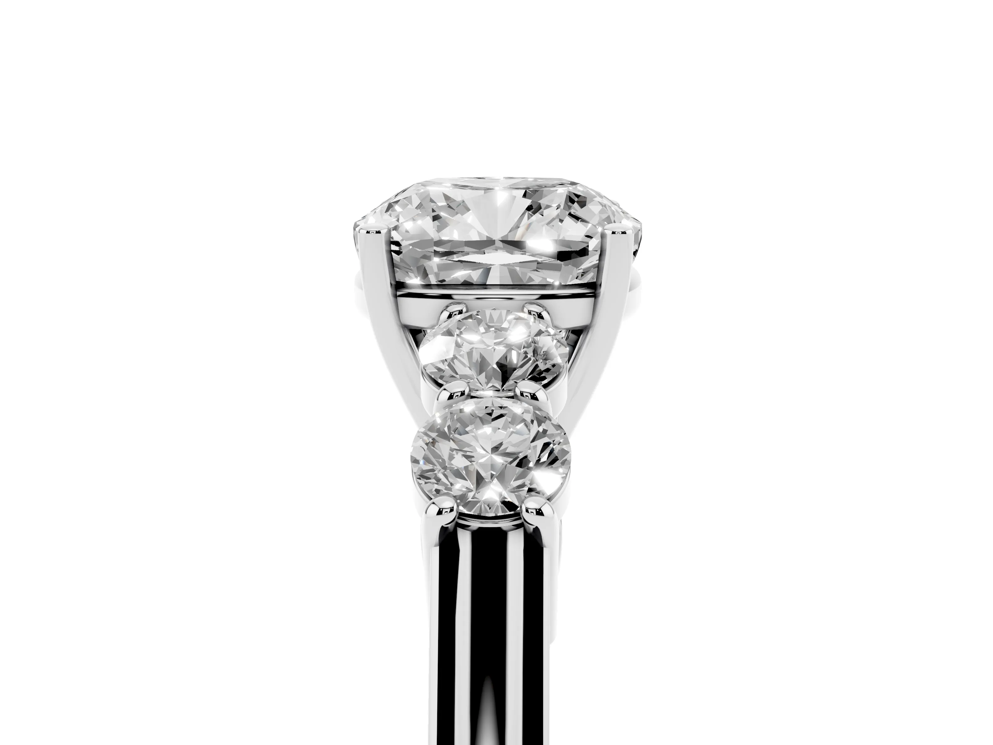 Cushion Cut Diamond Five-Stone Prong Set Band Ring Set in White gold with Polished Band