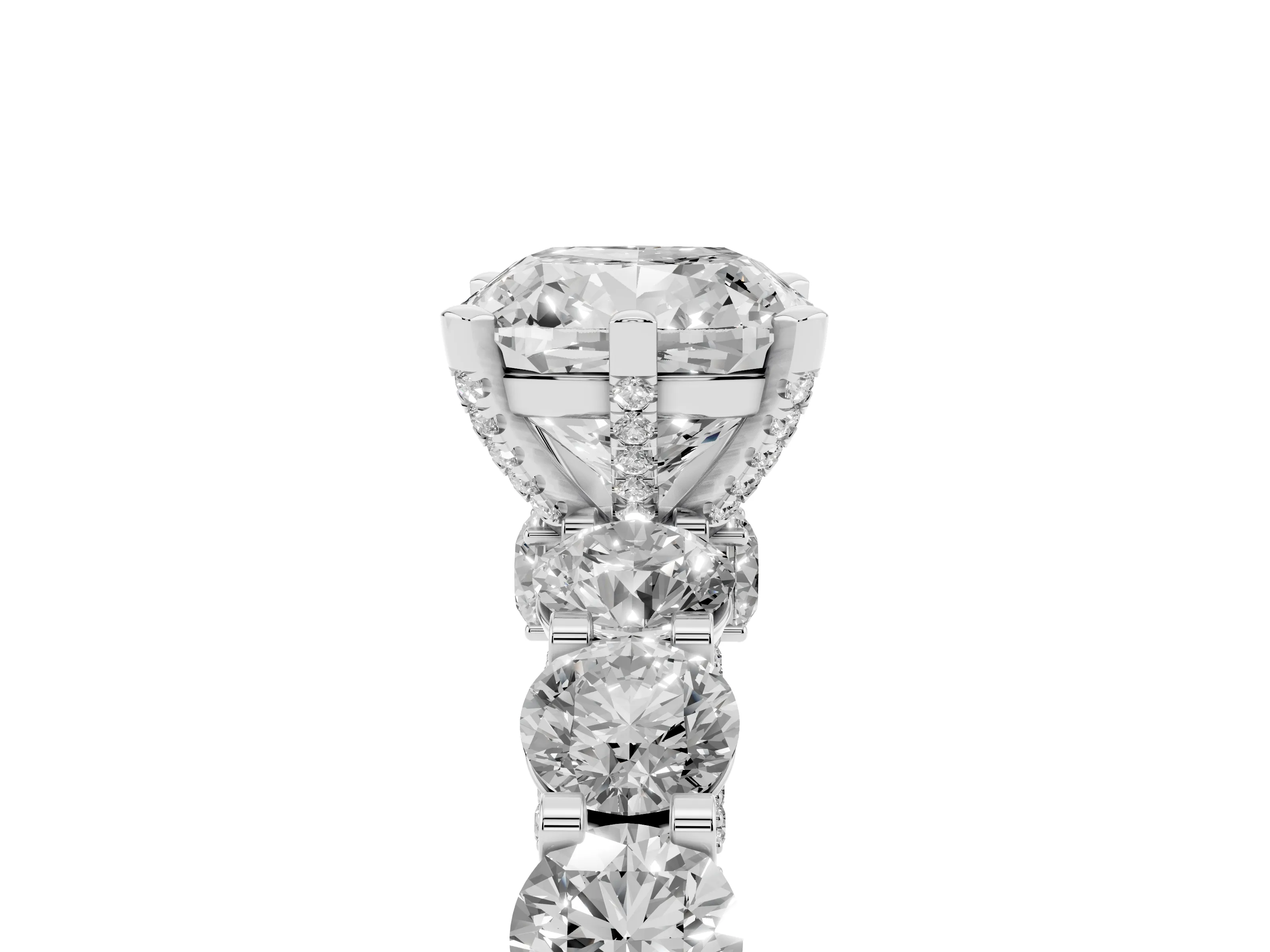 Cushion Cut Diamond Side Stone Ring Set in Silver with Alternating Round and Oval Side Stones