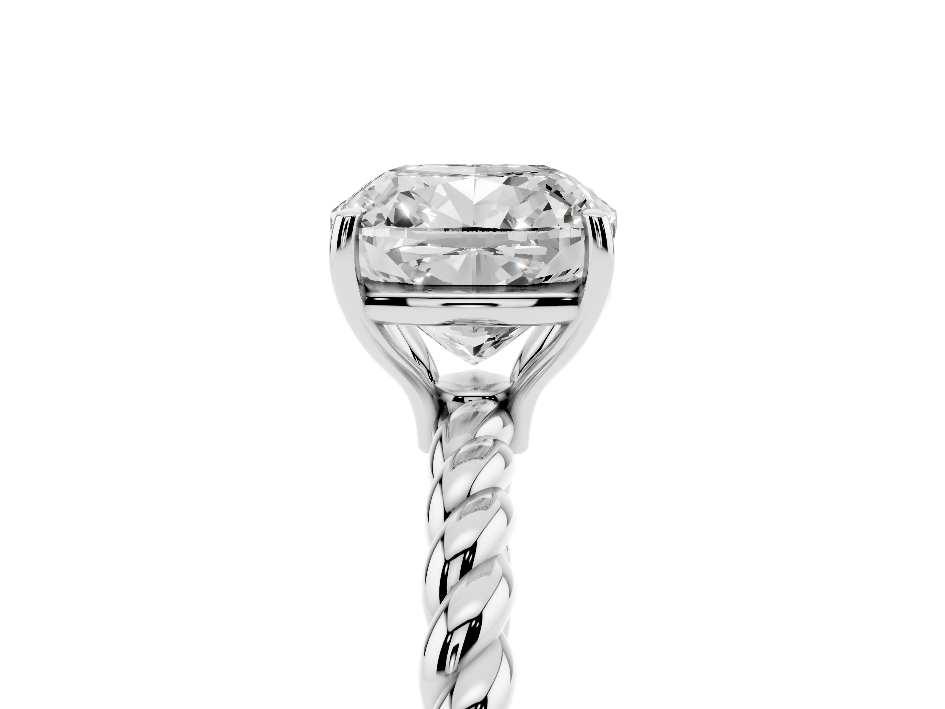 Cushion Cut Diamond Solitaire Ring Set in White gold with Twist Band and Prong Setting