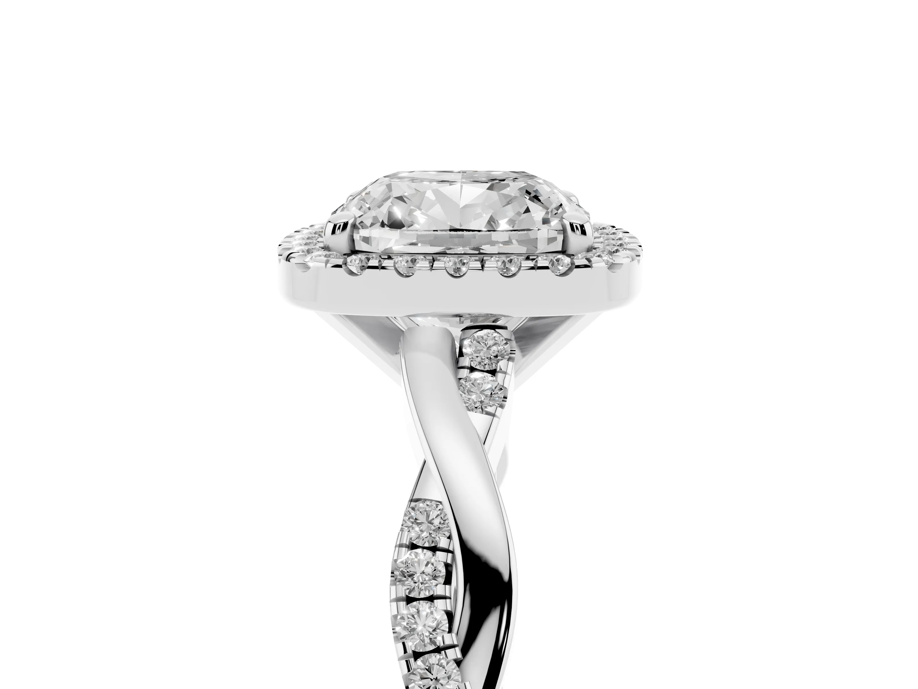 Cushion Cut Diamond Halo Twisted Band Ring Set in Silver with Prong Setting