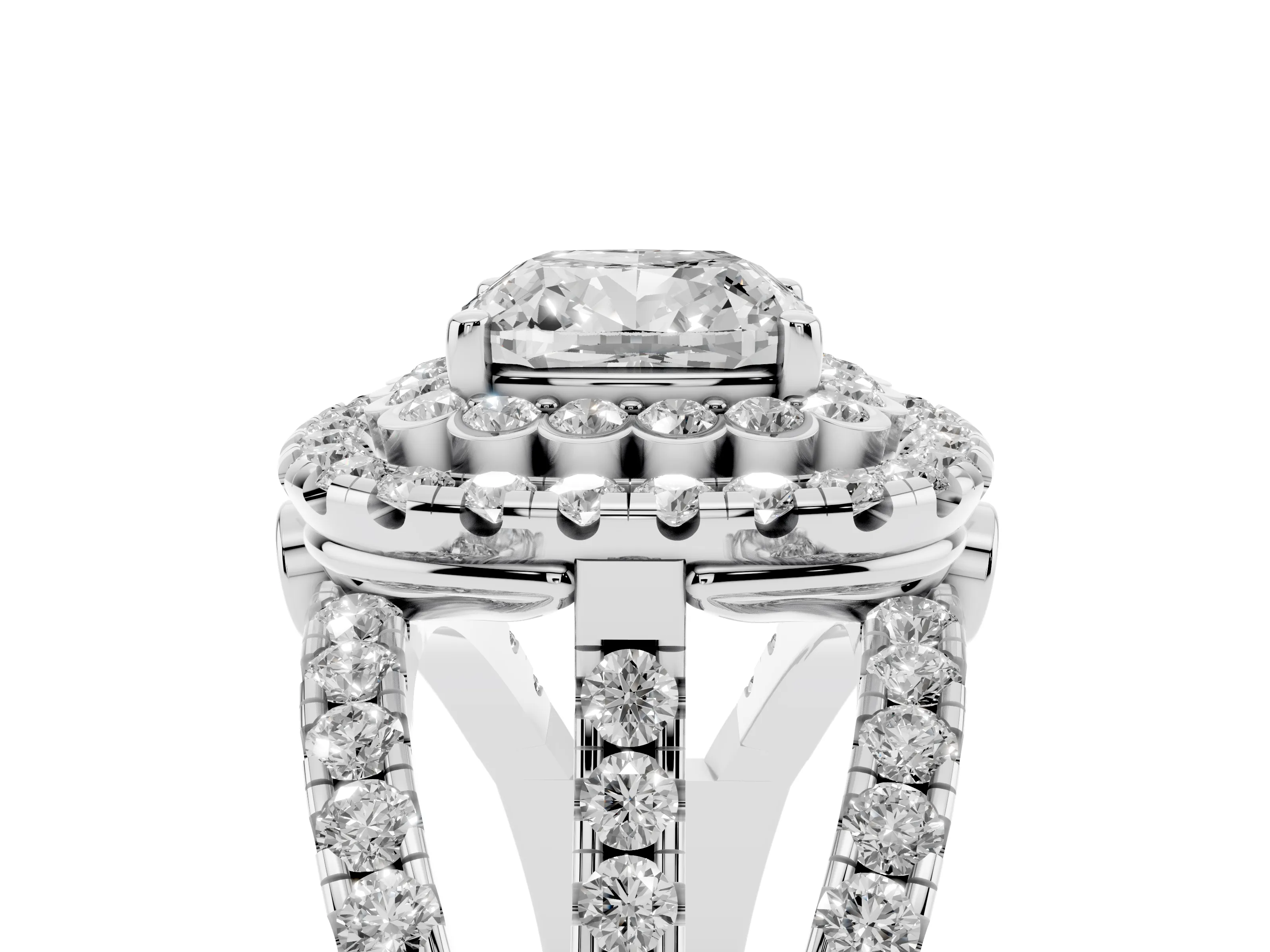 Cushion Cut Diamond Double Halo Ring Set in Silver with Round Pavé Split Shank