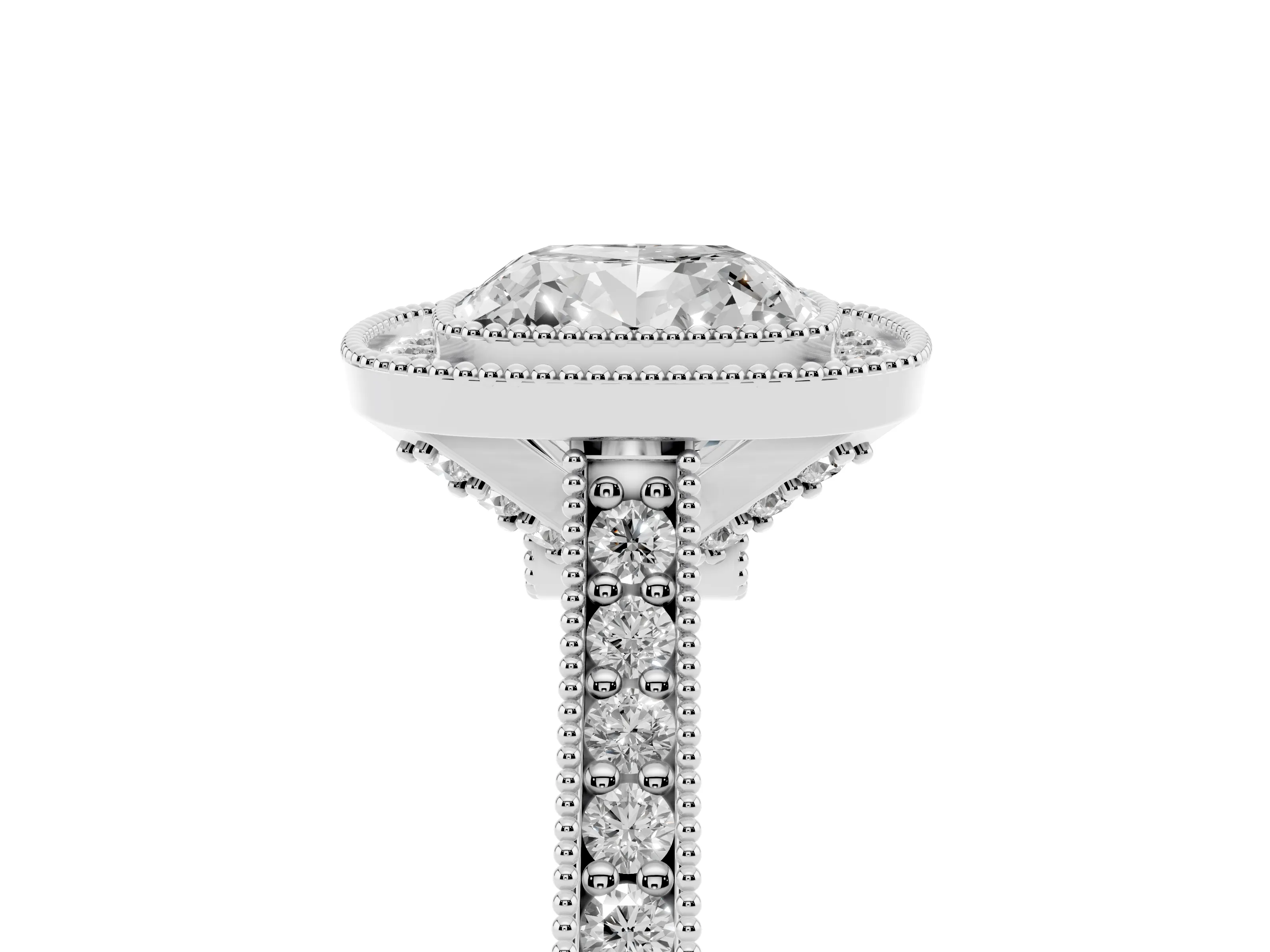 Cushion Cut Diamond Halo Milgrain Pavé Band Ring Set in Platinum with Prong Setting