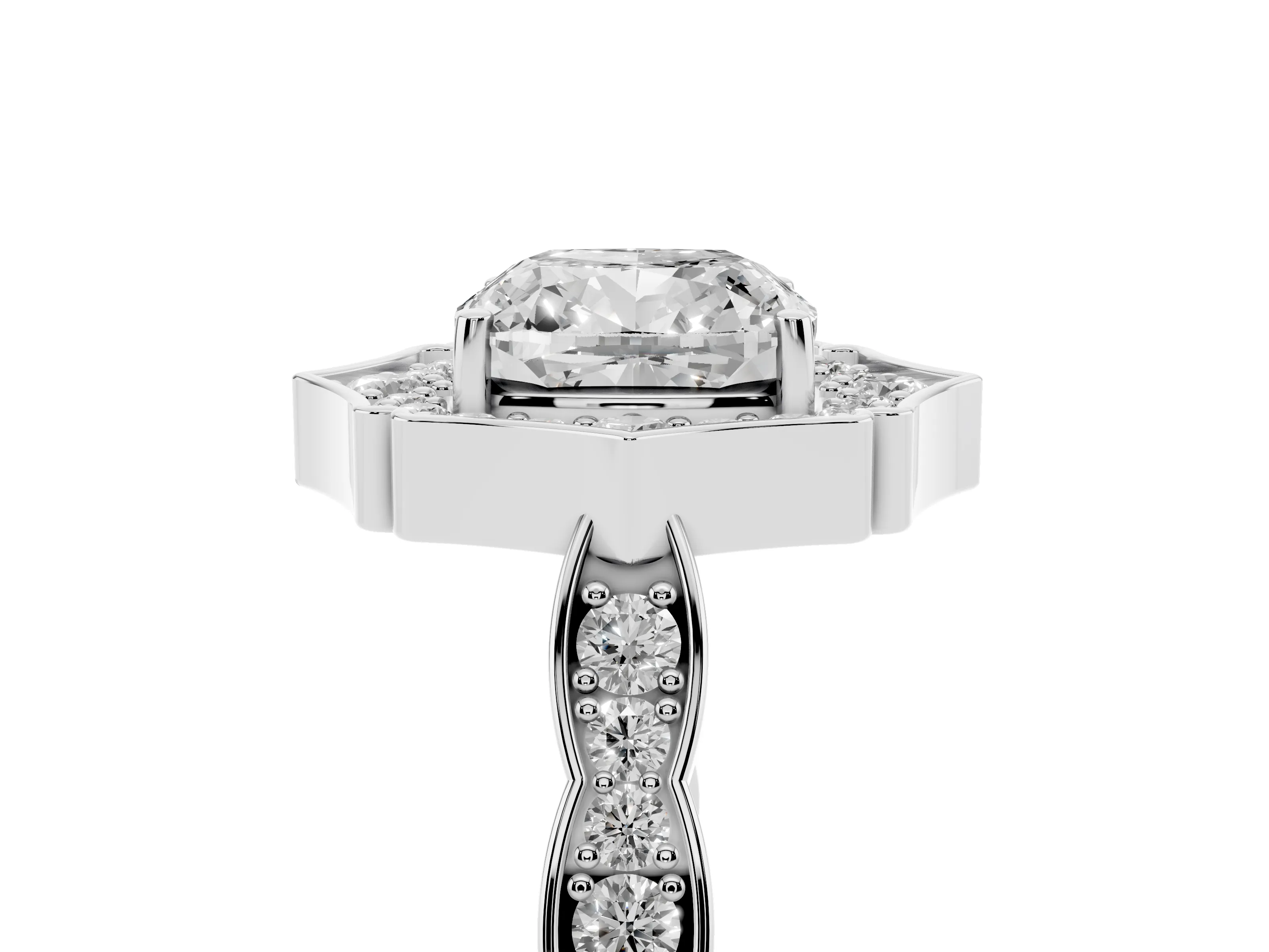 Cushion Cut Diamond Halo Engagement Ring Set in Platinum with Milgrain Band and Prong Setting