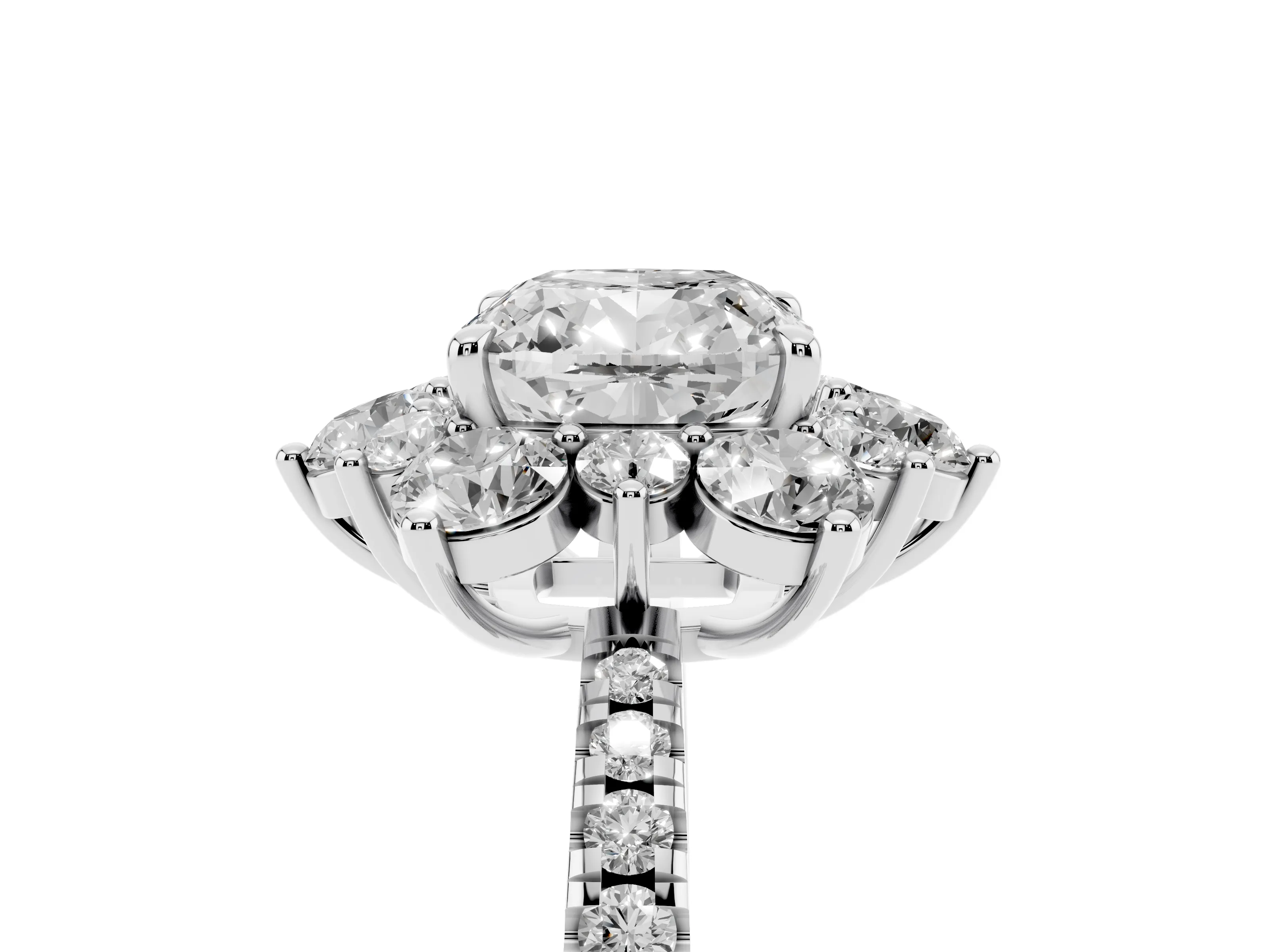 Cushion Cut Diamond Floral Halo Ring Set in Platinum with Round Pavé Band and Prong Setting