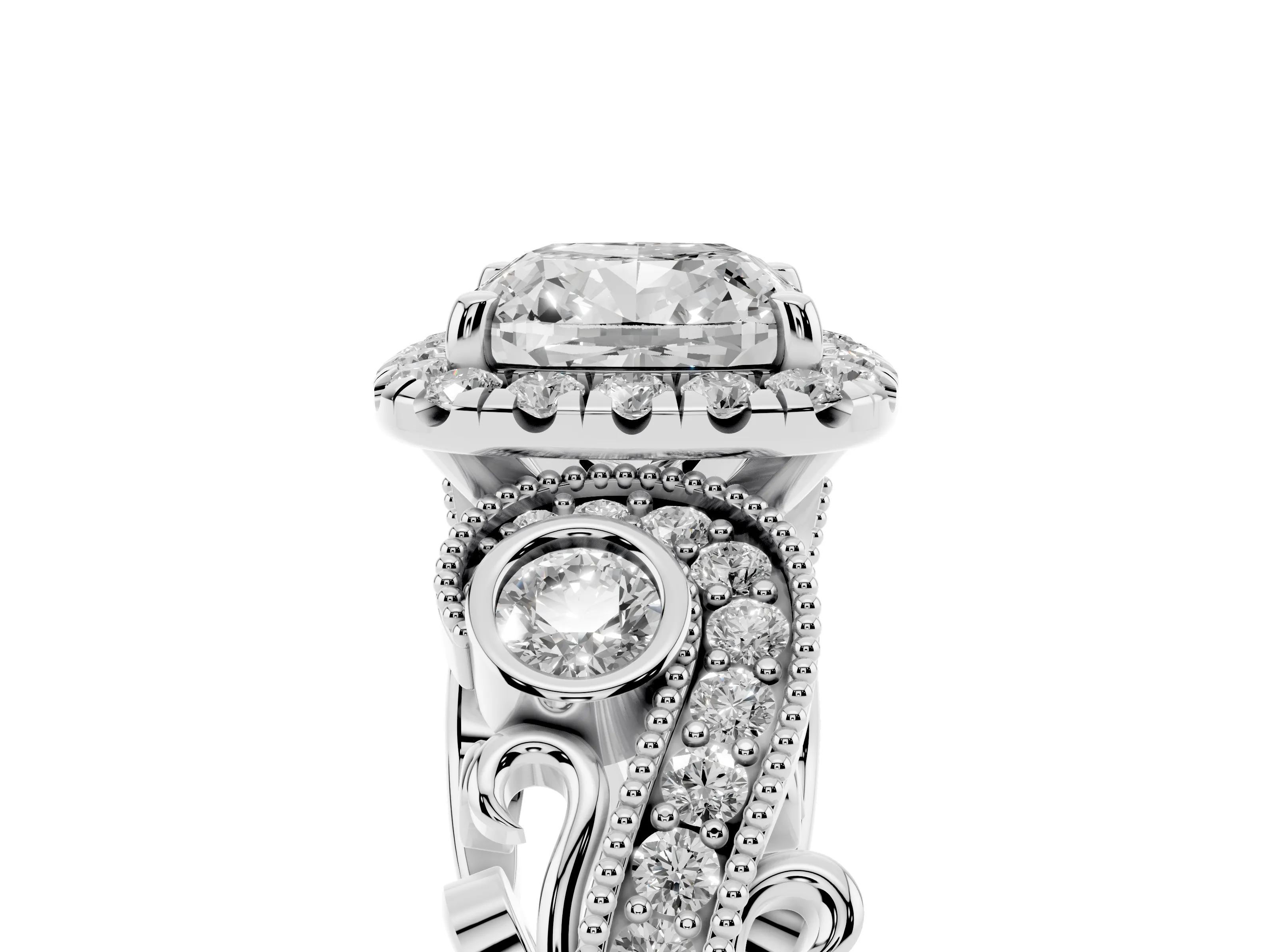 Cushion Cut Diamond Halo Ring Set in Platinum with Milgrain Pavé Band and Prong Setting