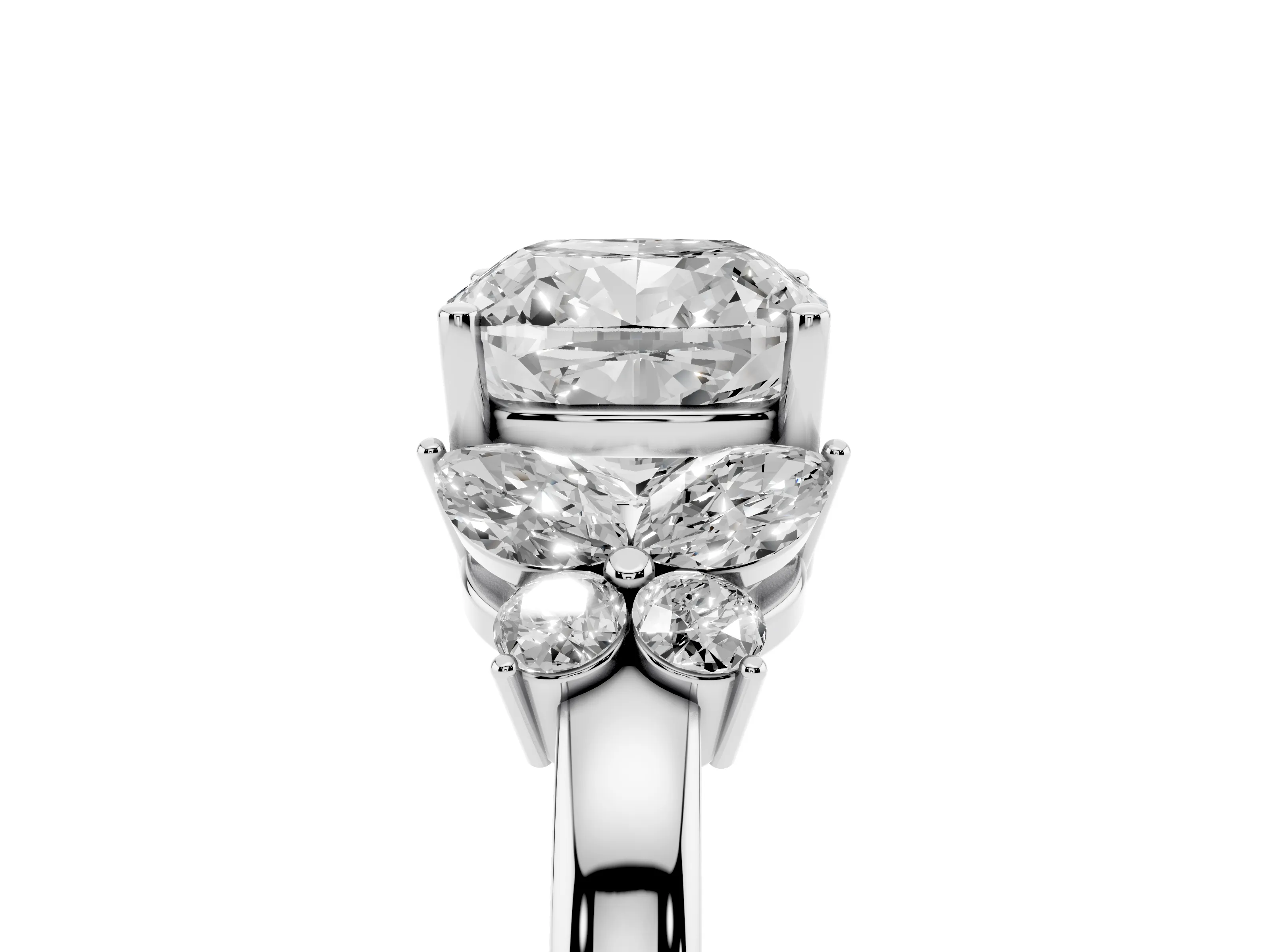 Cushion Cut Diamond Solitaire Floral Ring Set in Silver with Marquise Petals and Prong Setting