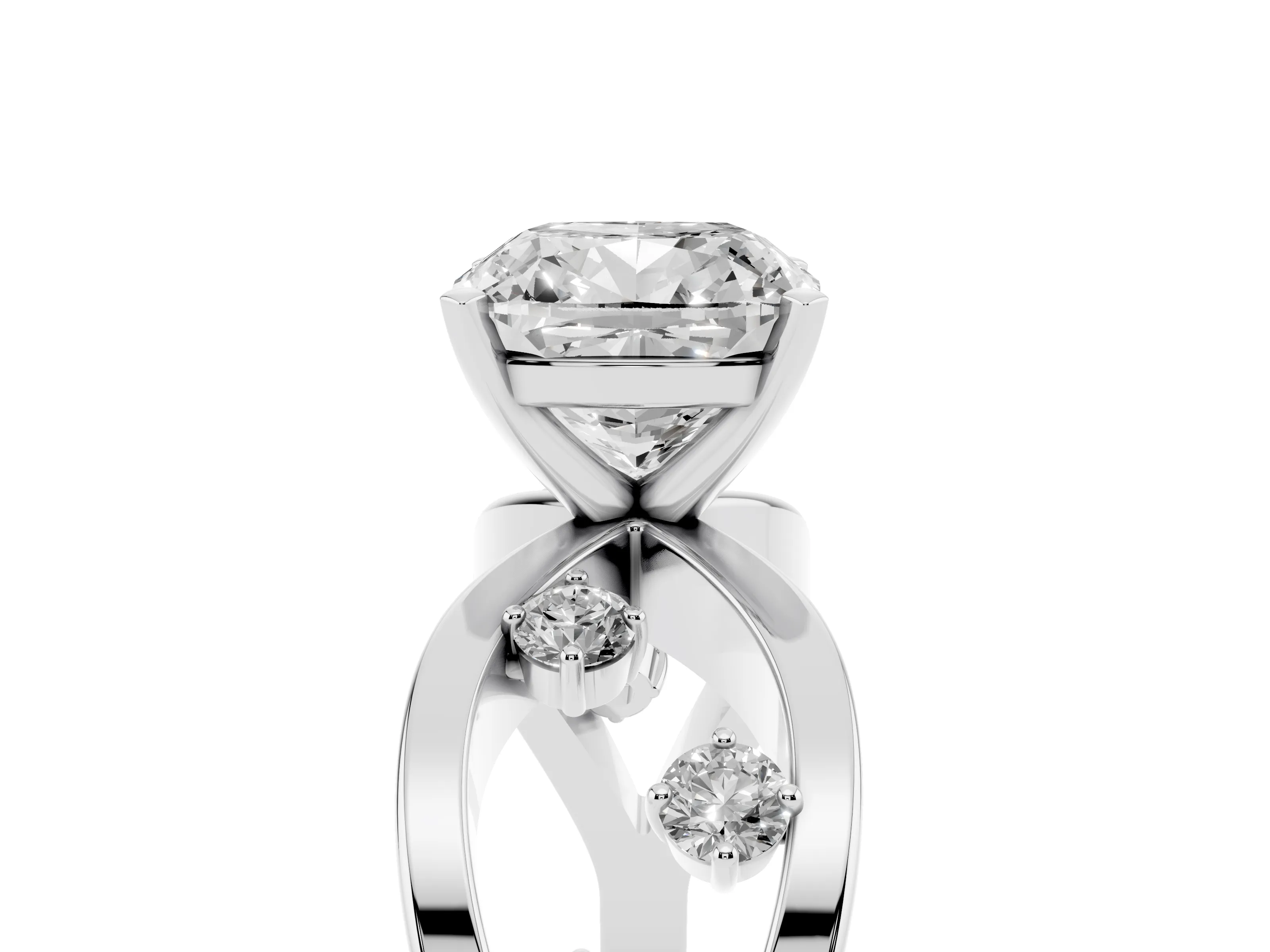 Cushion Cut Diamond Solitaire Ring Set in White gold with Side Stones on Criss-Cross Band and Prong Setting