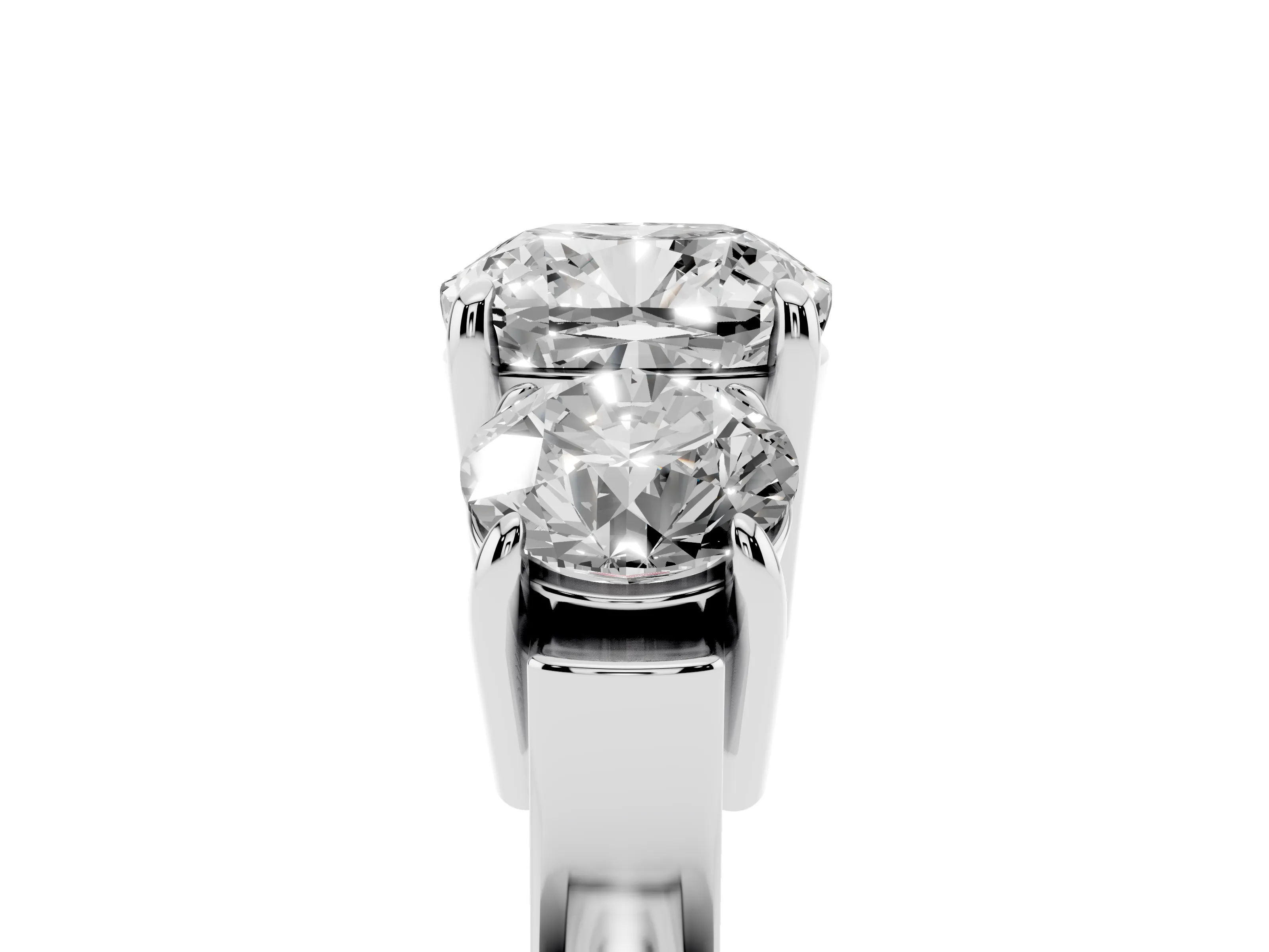 Cushion Cut Diamond Three-Stone Ring Set in Platinum with Round Accent Stones and Plain Band