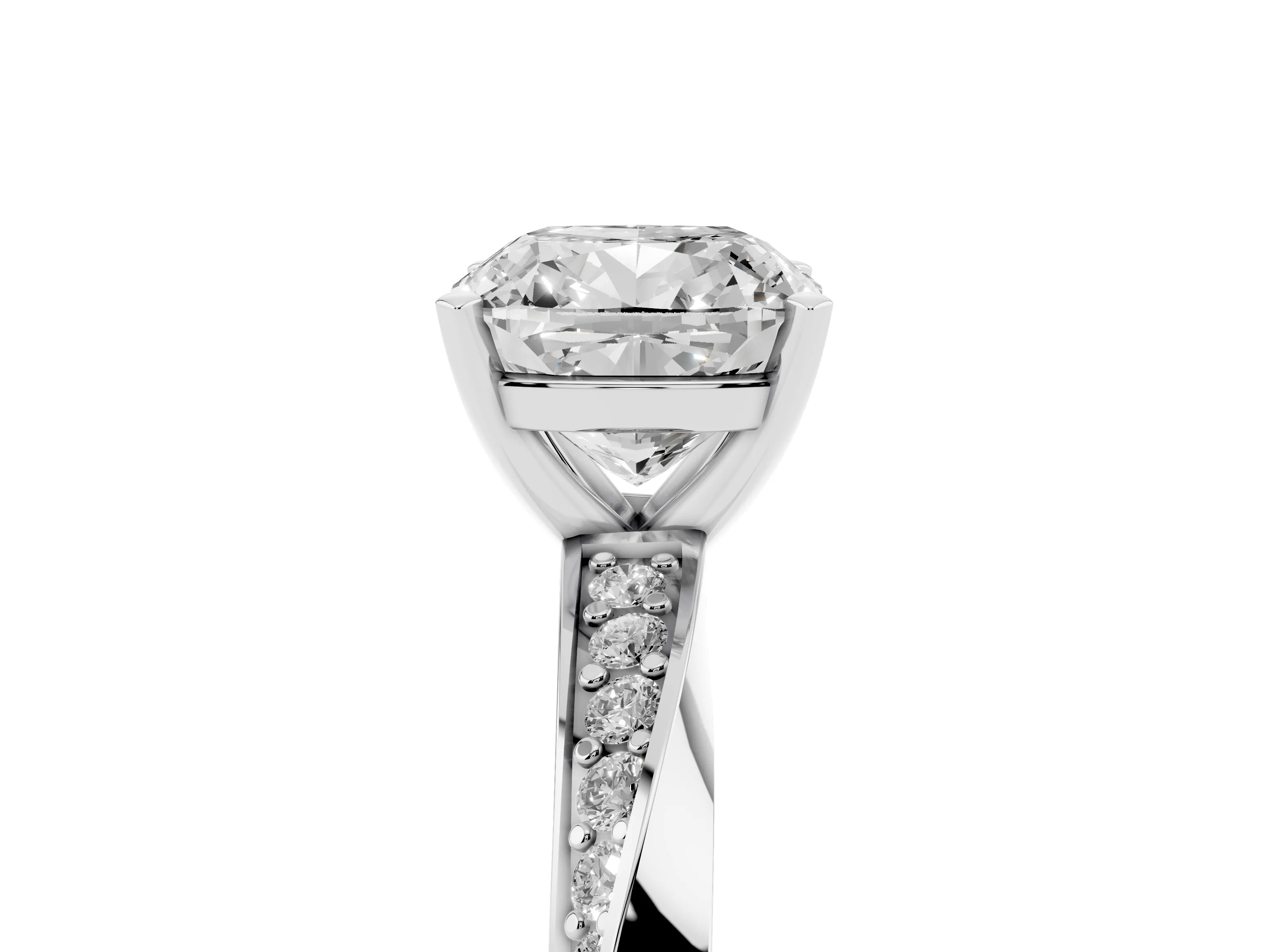 Cushion Cut Diamond Engagement Ring Set in White gold with Side Stone Accents and Prong Setting