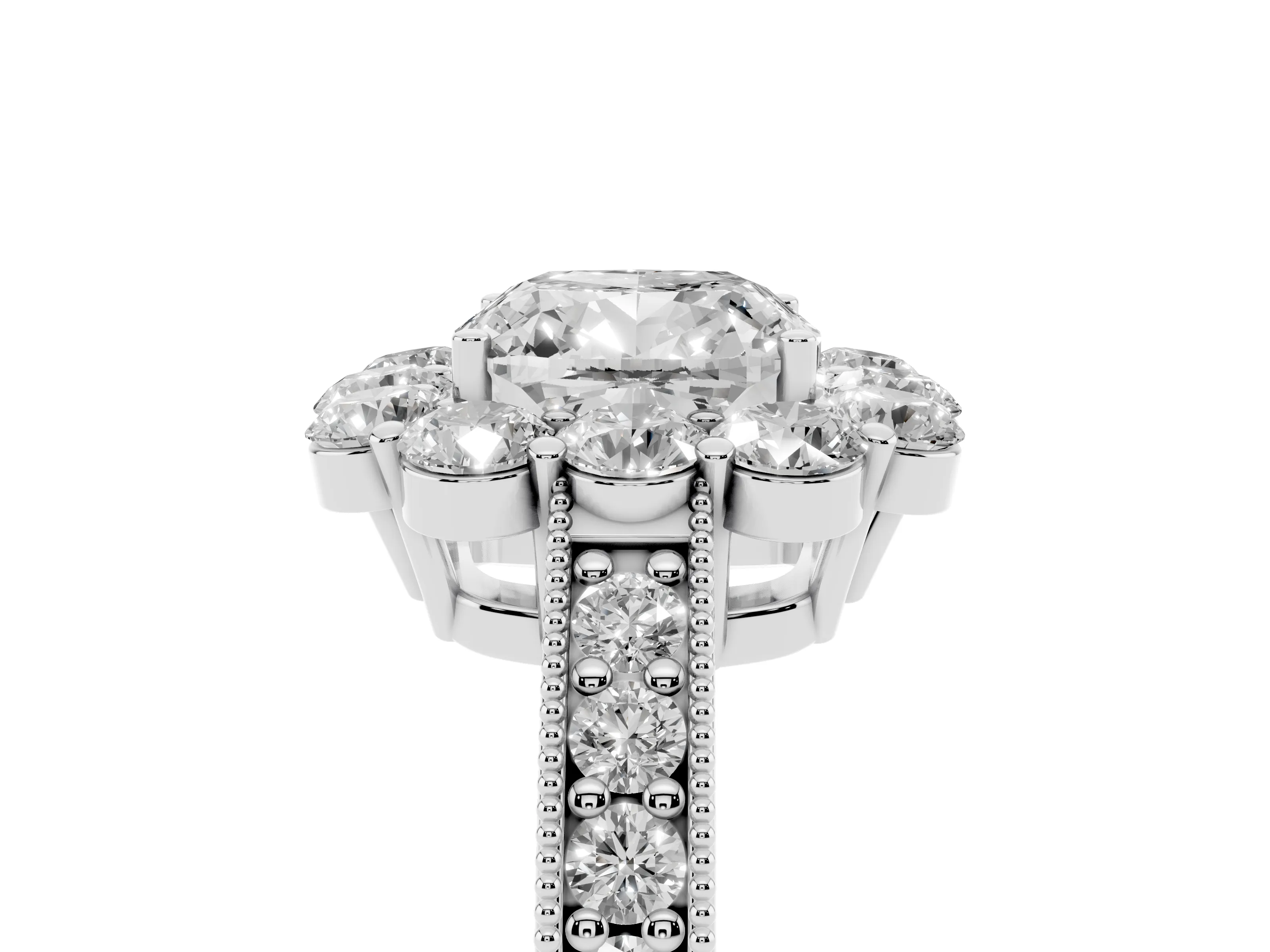 Cushion Cut Diamond Halo Pavé Engagement Ring Set in White gold with Milgrain Detailing