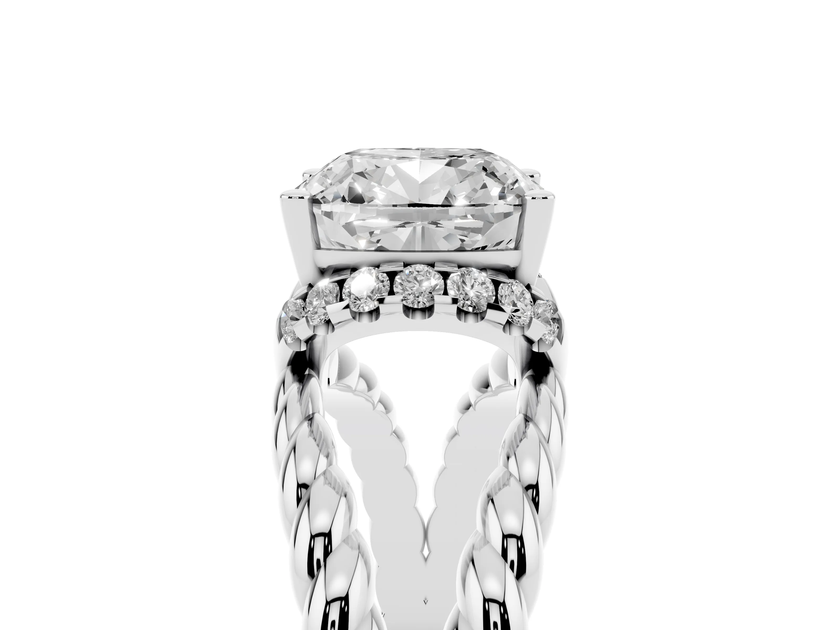 Cushion Cut Diamond Halo Ring Set in Platinum with Twisted Band and Prong Setting