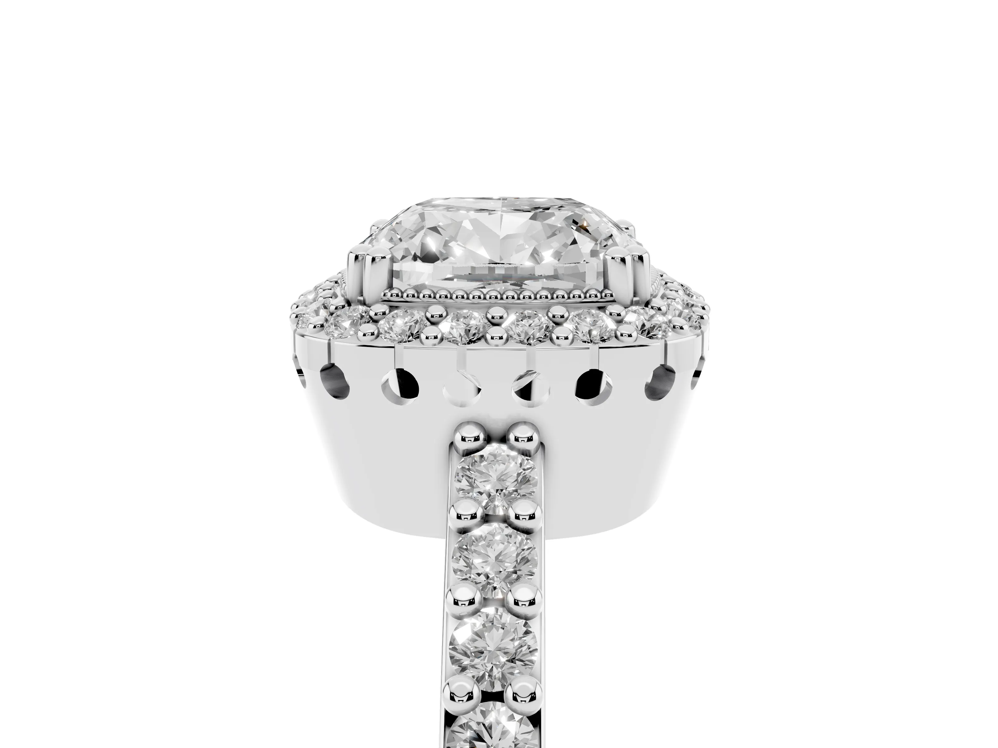 Cushion Cut Diamond Halo Engagement Ring Set in White gold with Milgrain Detail and Pavé Band