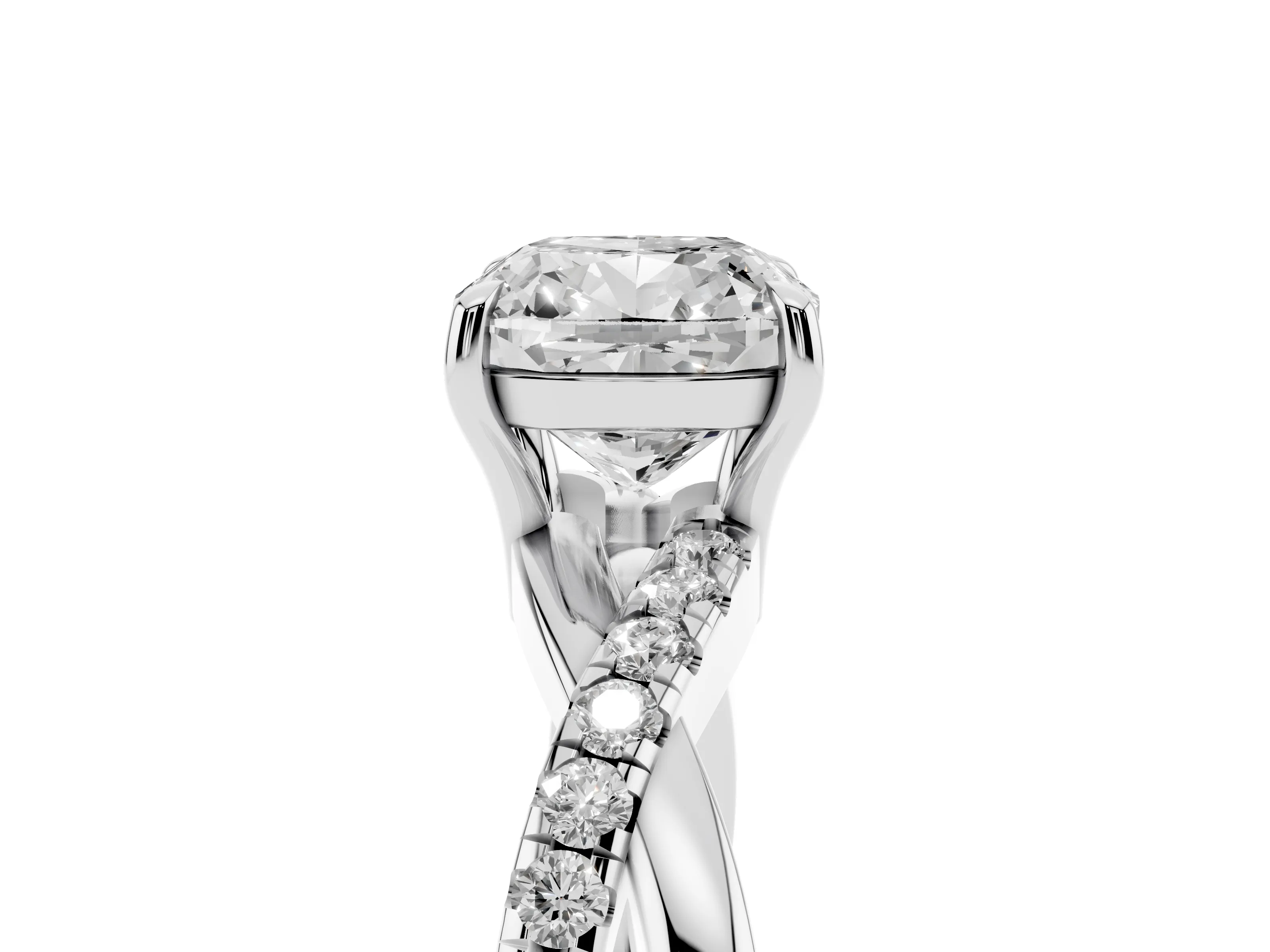Cushion Cut Diamond Twisted Pavé Band Ring Set in Silver with Prong Setting