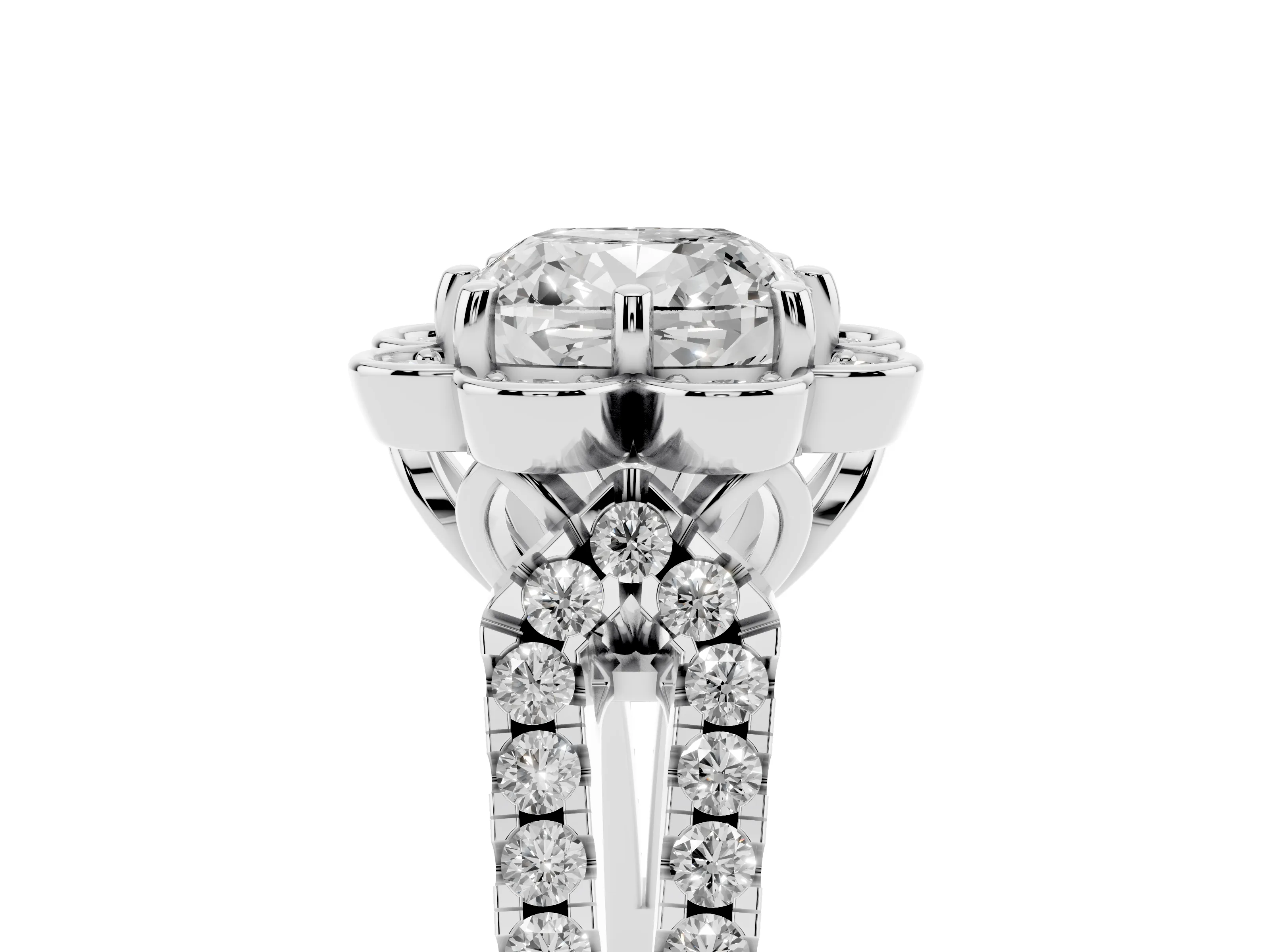 Cushion Cut Diamond Floral Halo Split Shank Engagement Ring Set in Platinum with Pavé Shank