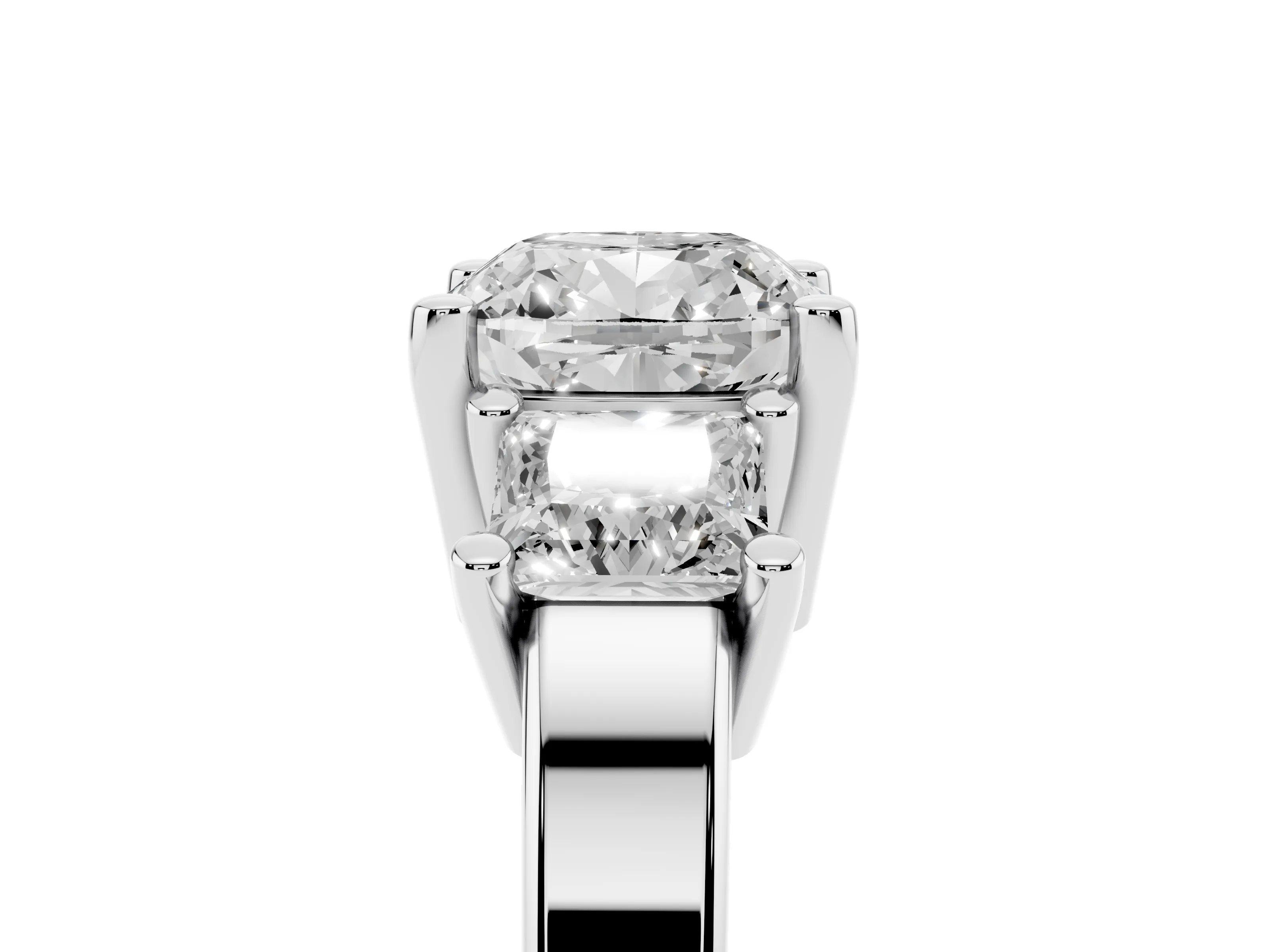 Three-Stone Cushion Cut Diamond Solitaire Ring Set in Platinum with Prong Setting