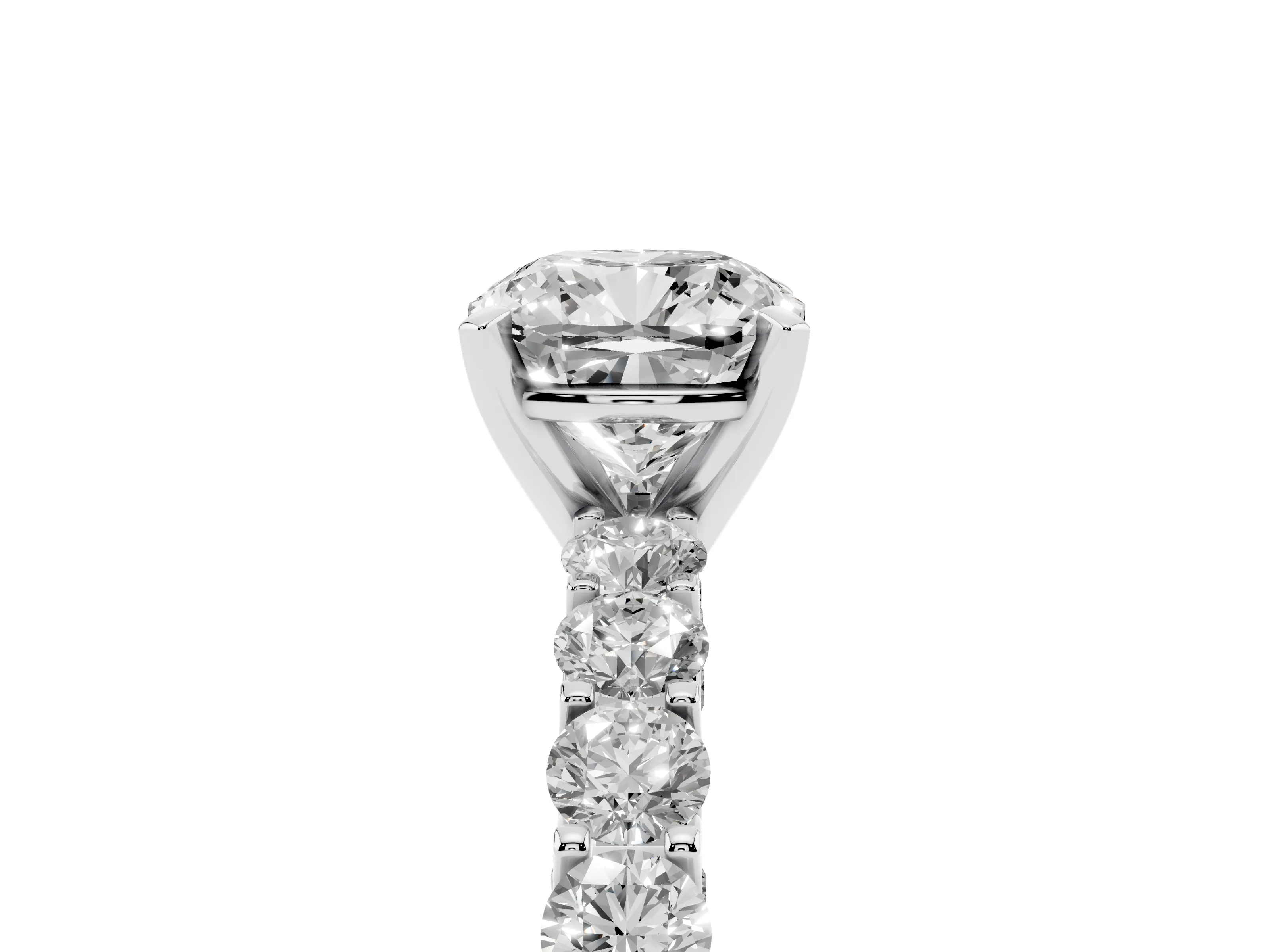 Cushion Cut Diamond Solitaire Ring Set in Silver with Shared Prong Pavé Band